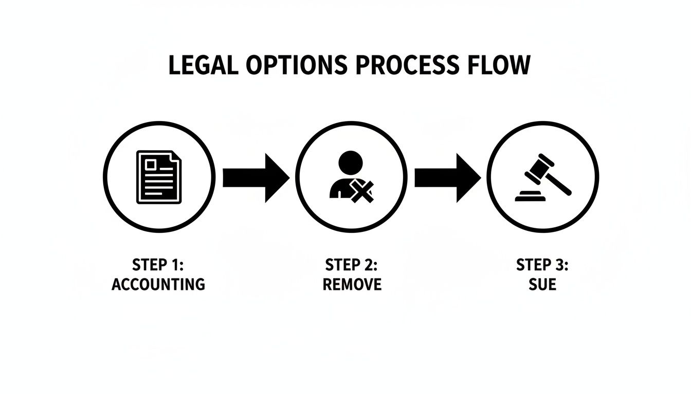 A legal options process flow diagram illustrating steps for accounting, removing a person, and suing.