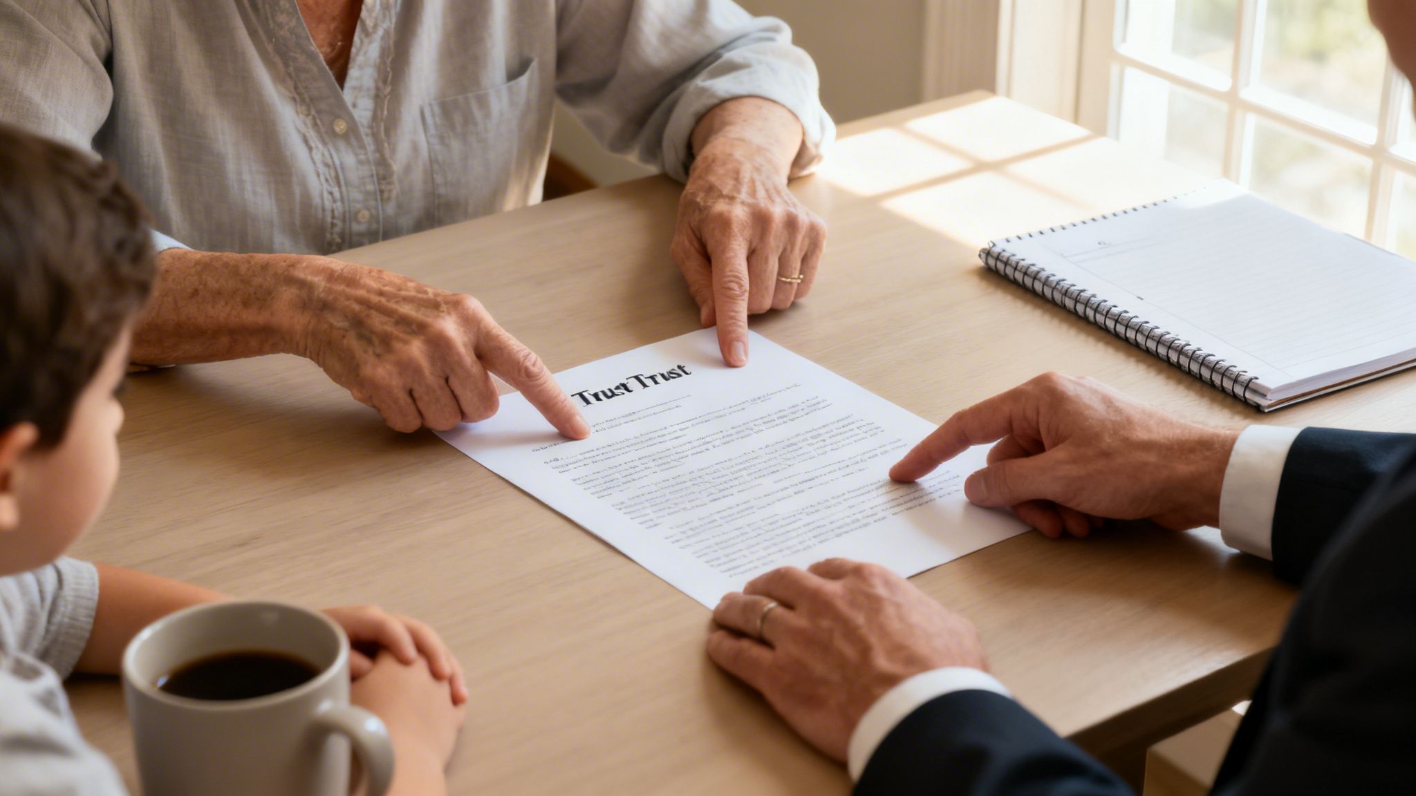 An older woman and a man in a suit pointing at a 'Trust Trust' document on a table, with a child present.