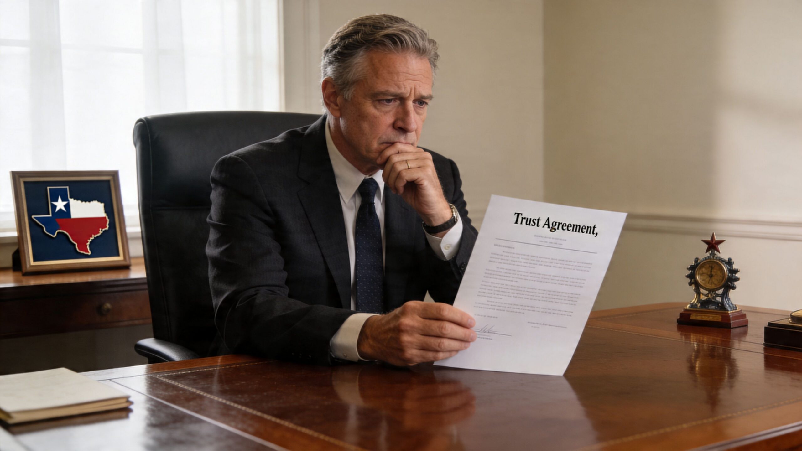 A pensive businessman sitting at a desk in an office holding a Trust Agreement document.