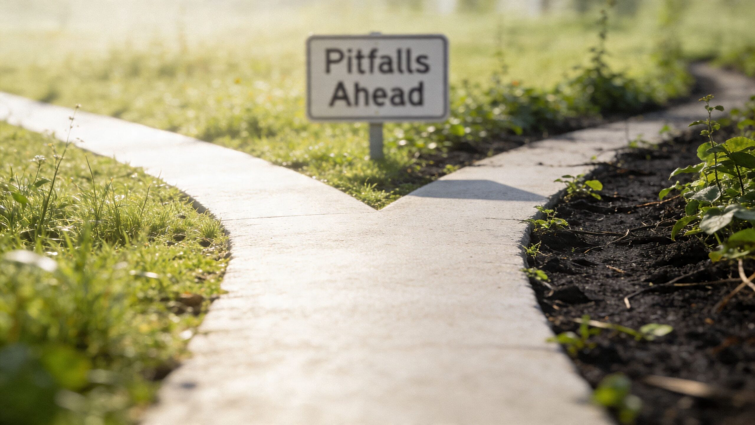 A concrete path forks in two directions at a sign that reads Pitfalls Ahead in grass