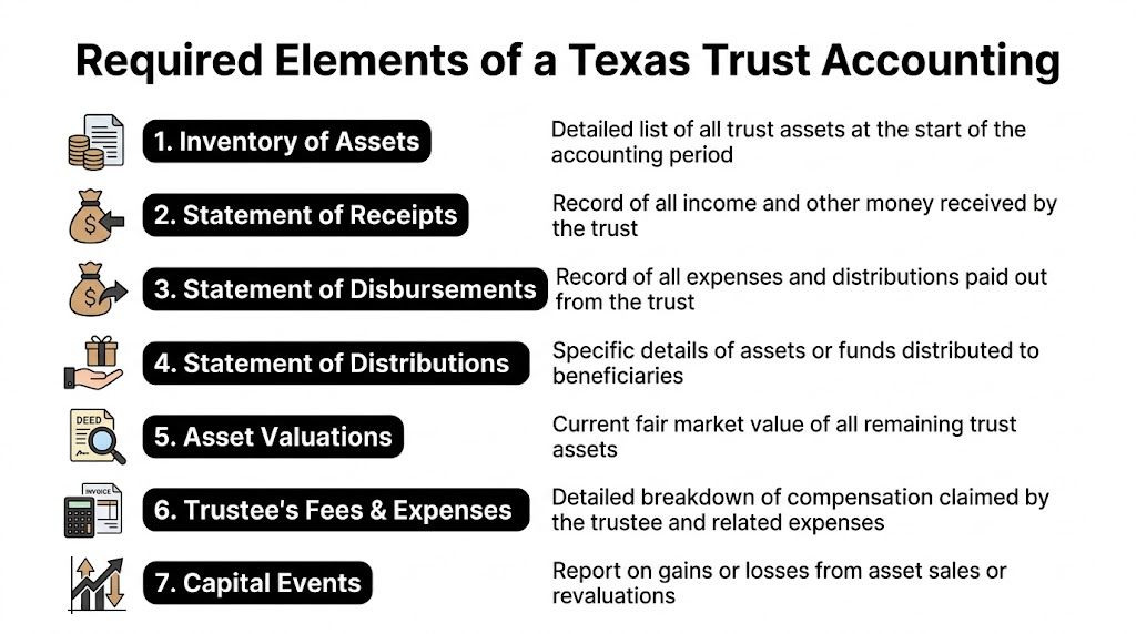 A list detailing the seven essential elements required for a Texas trust accounting report.