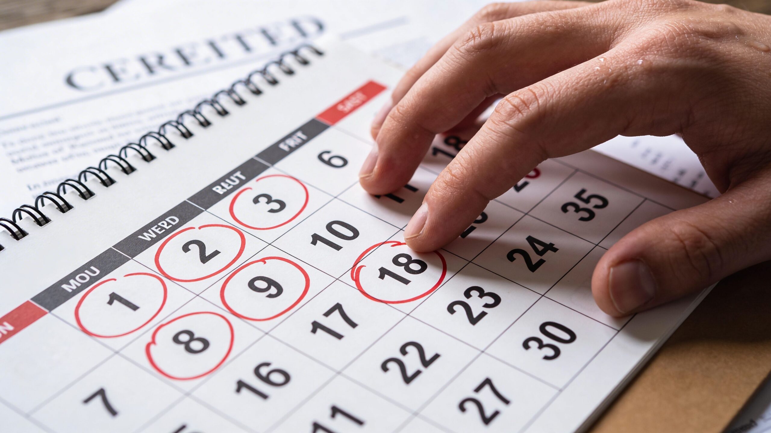 A hand pointing to the eighteenth day circled in red on a desk calendar page.