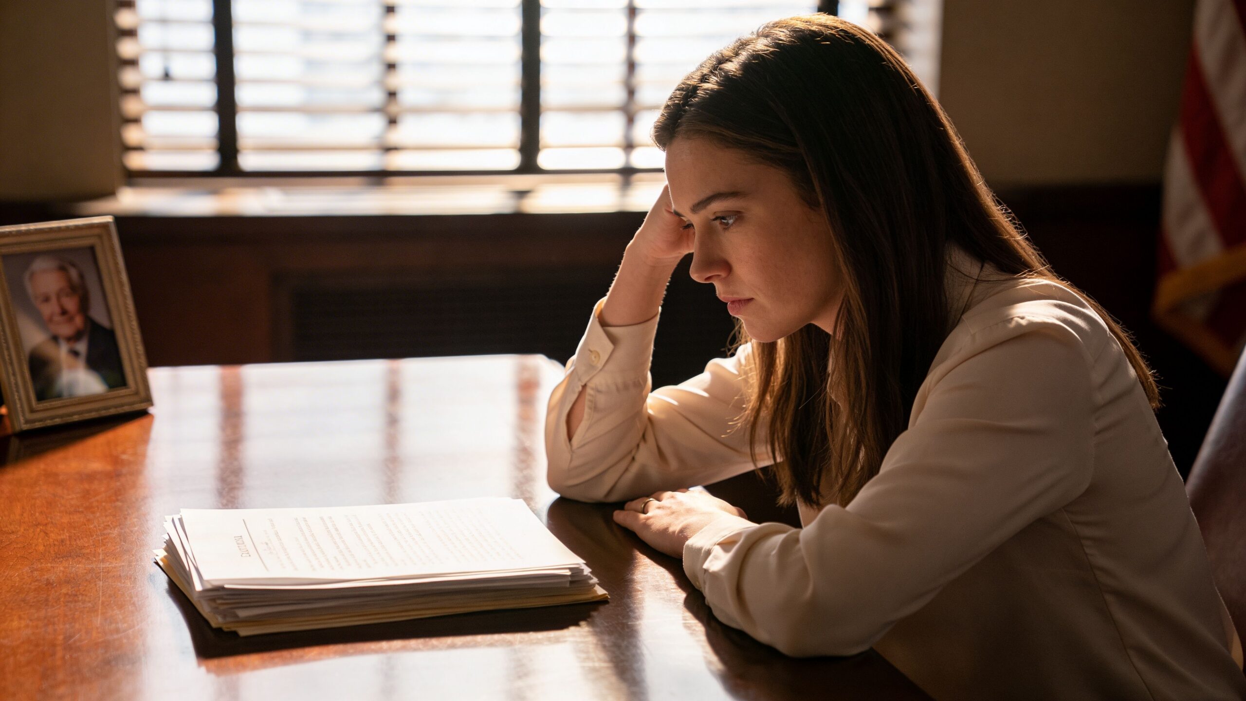 A pensive woman sits at a wooden desk with legal documents, considering trust and inheritance matters.
