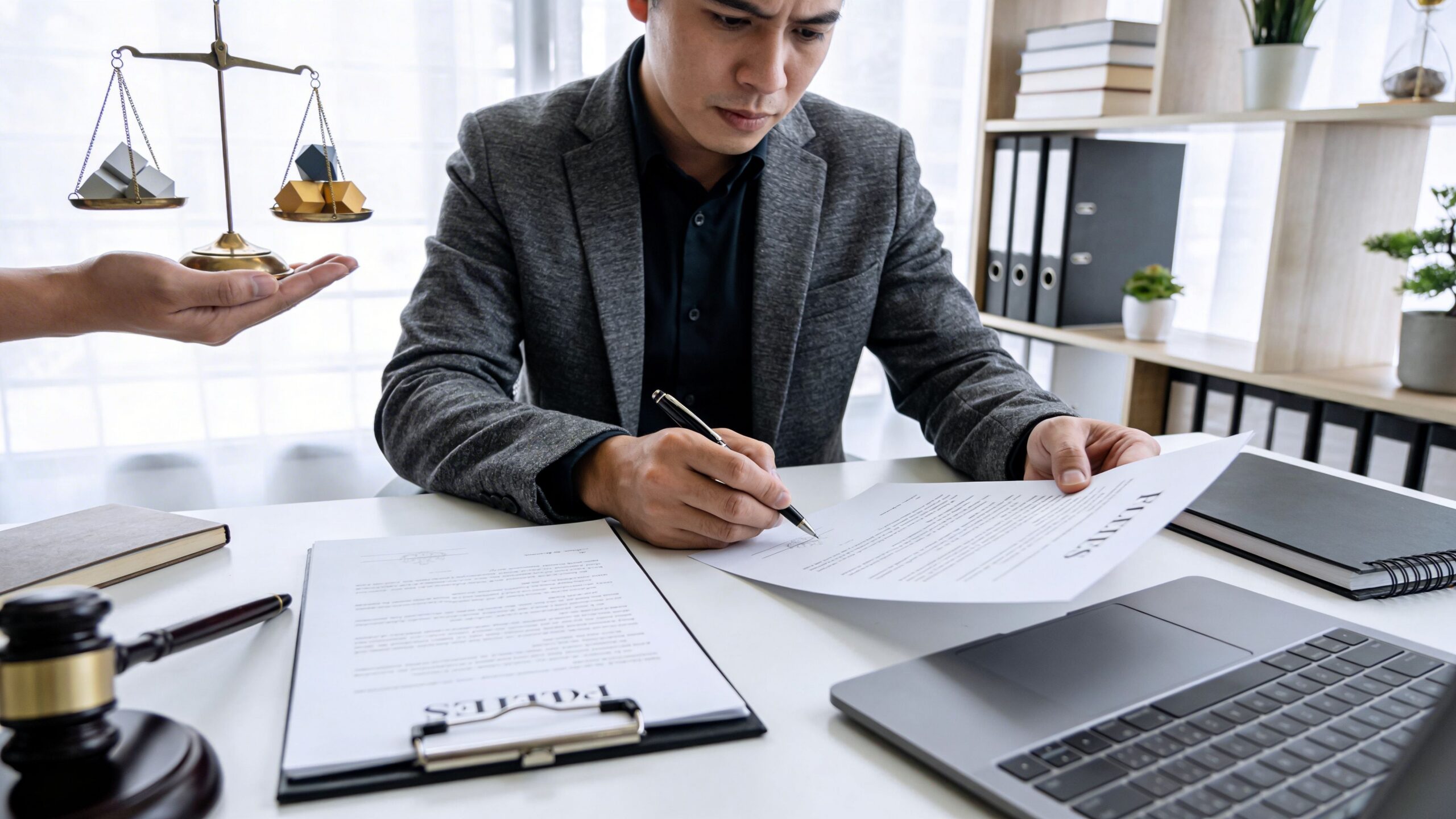 A professional lawyer reviewing and signing legal documents at an office desk with a gavel and scales.