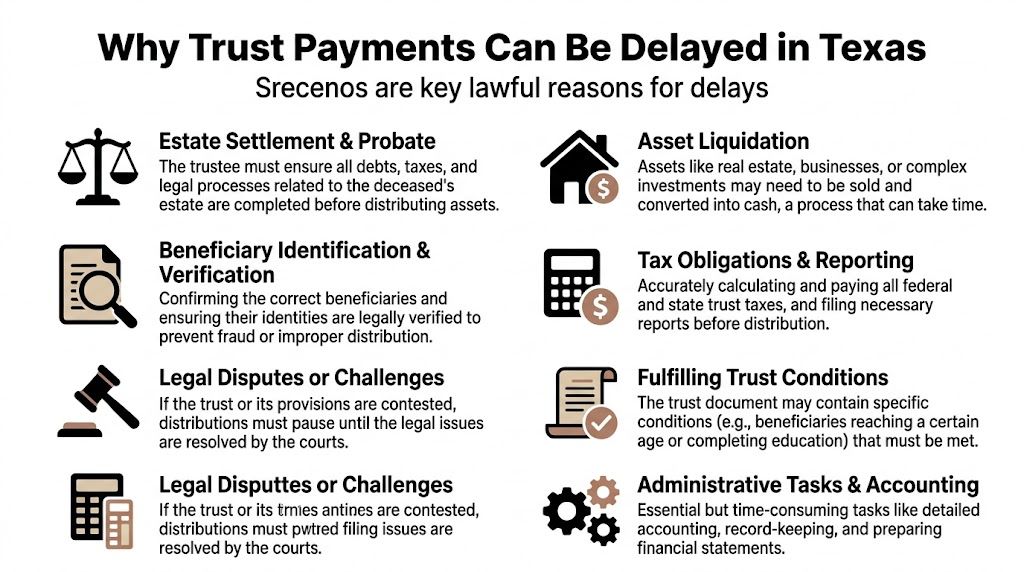 An infographic titled Why Trust Payments Can Be Delayed in Texas explaining various legal and administrative reasons.