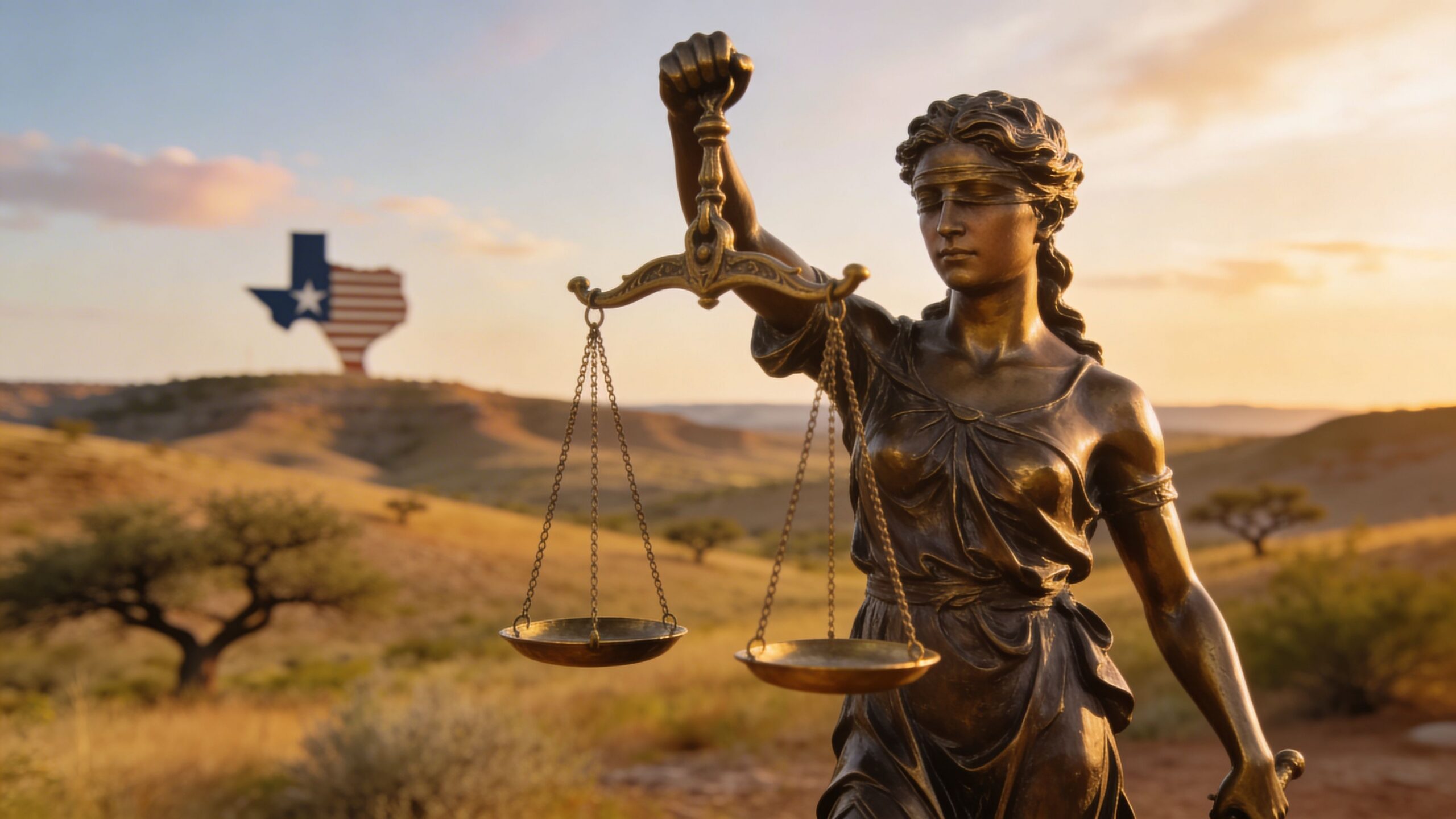 A bronze Lady Justice statue holding scales against a sunset background with a Texas state outline symbol.
