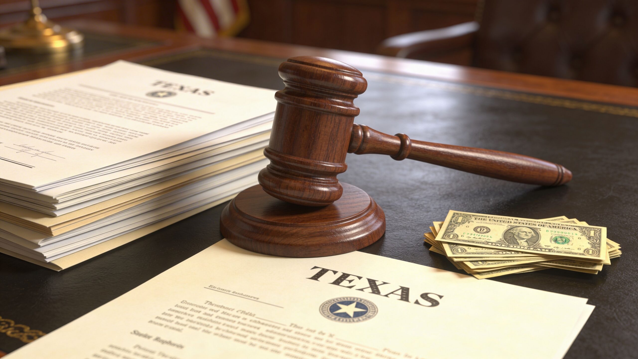 A wooden gavel resting on a desk next to Texas legal documents and a stack of money.