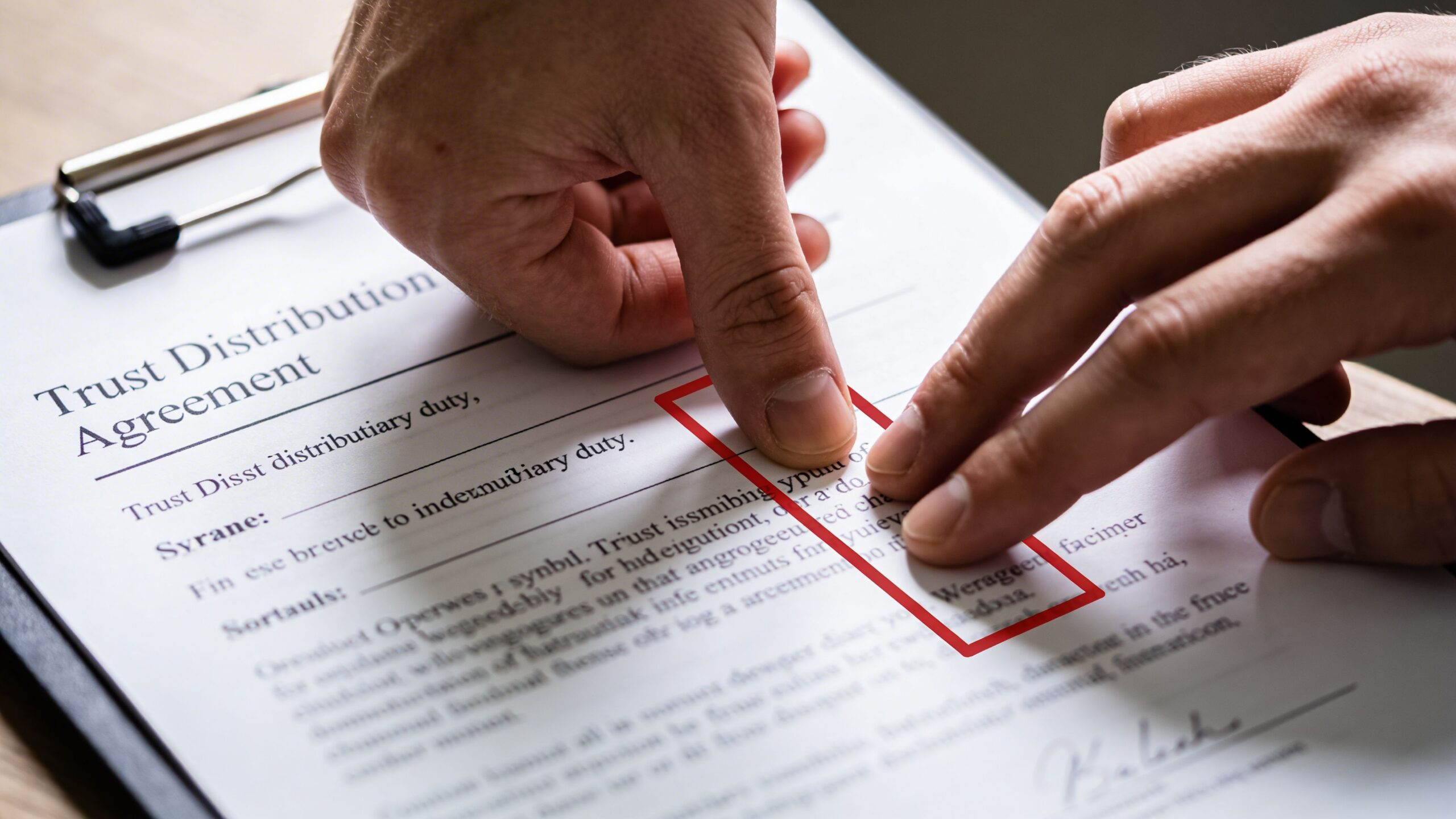 A person pointing at a legal document titled Trust Distribution Agreement on a clipboard.