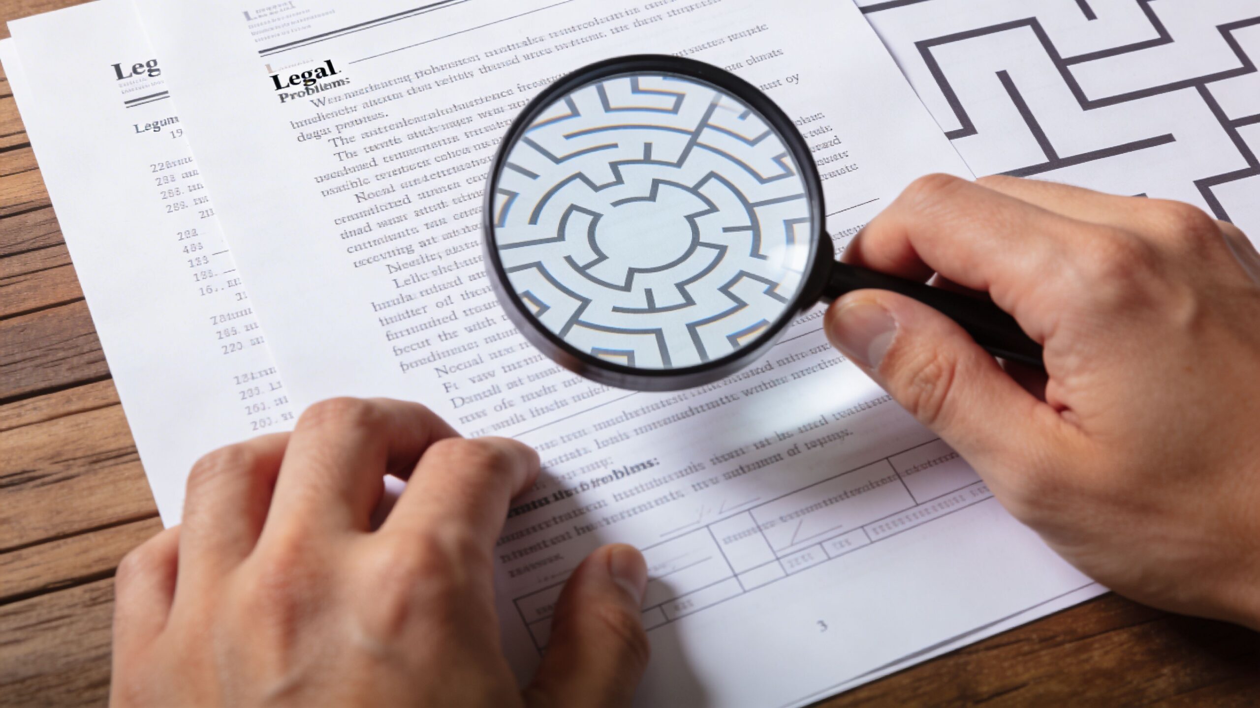 A person using a magnifying glass to examine a legal document shaped like a circular maze.