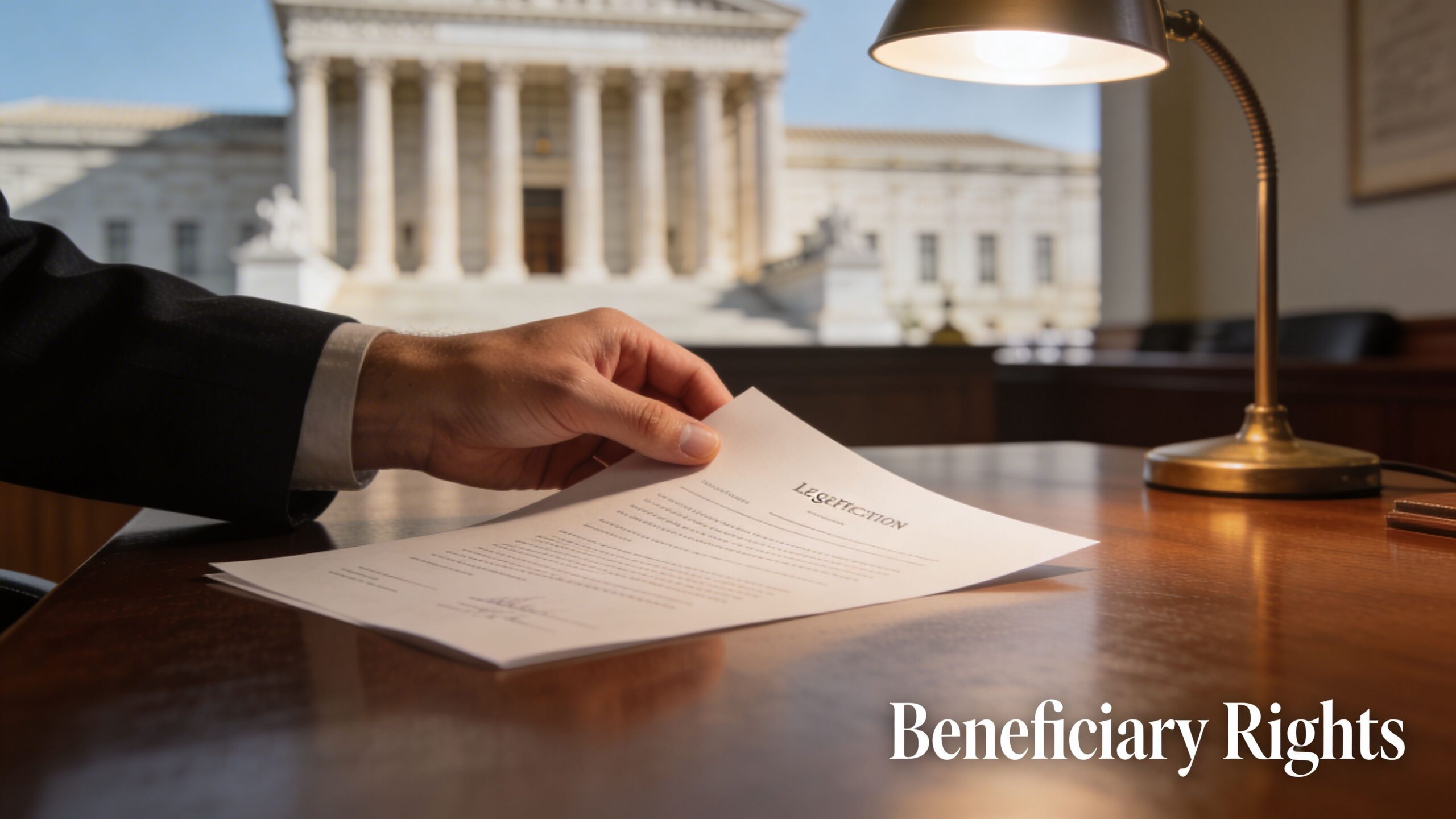 A close-up view of a person in a suit holding a document with a court building background.