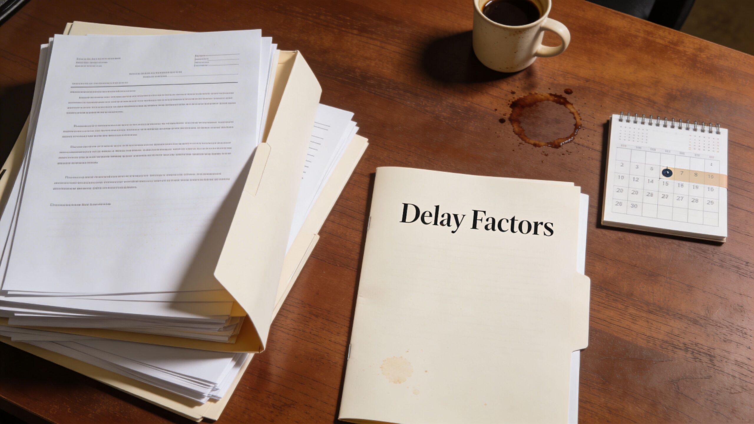 A wooden desk with a file folder titled Delay Factors, a calendar, and a cup of coffee.