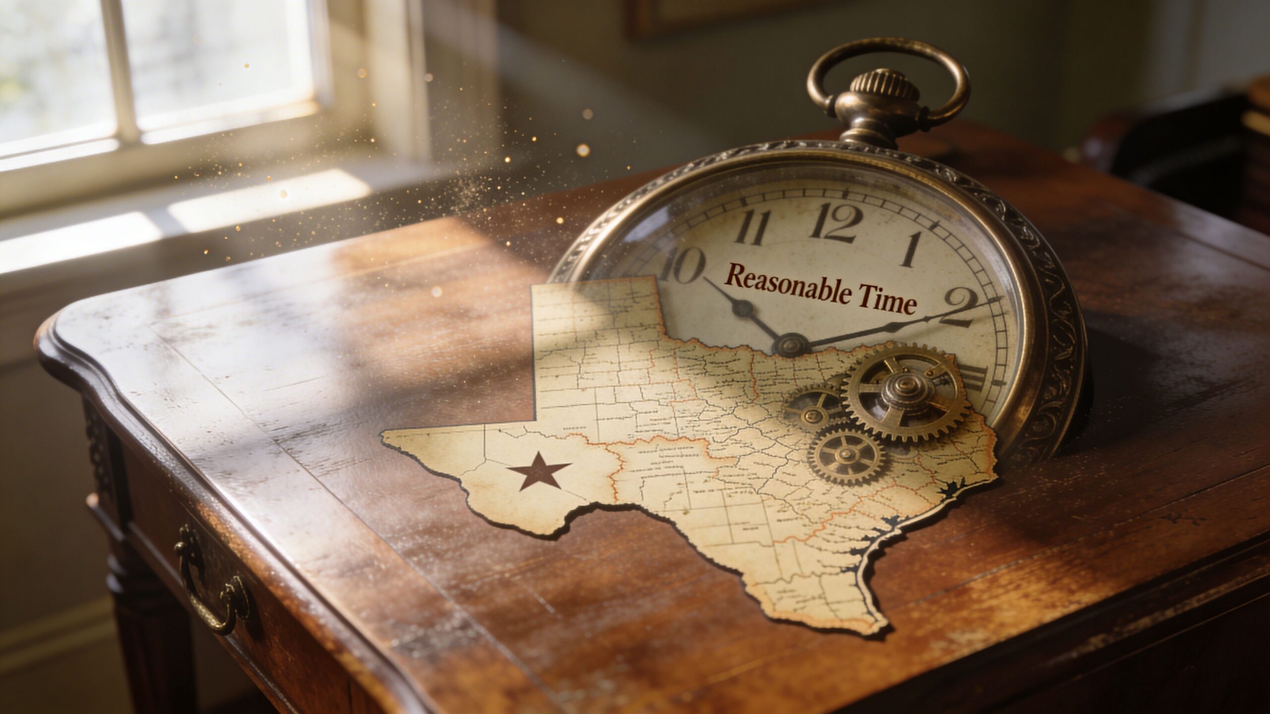 An antique pocket watch and a vintage map of Texas with gears sitting on a wooden table.