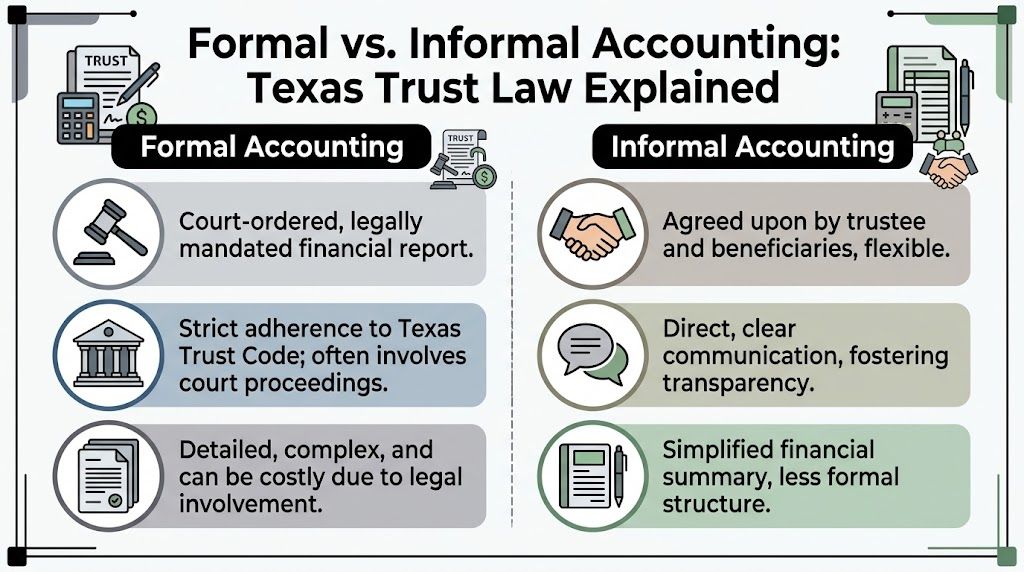 A comparison chart outlining the differences between formal and informal trust accounting under Texas law.