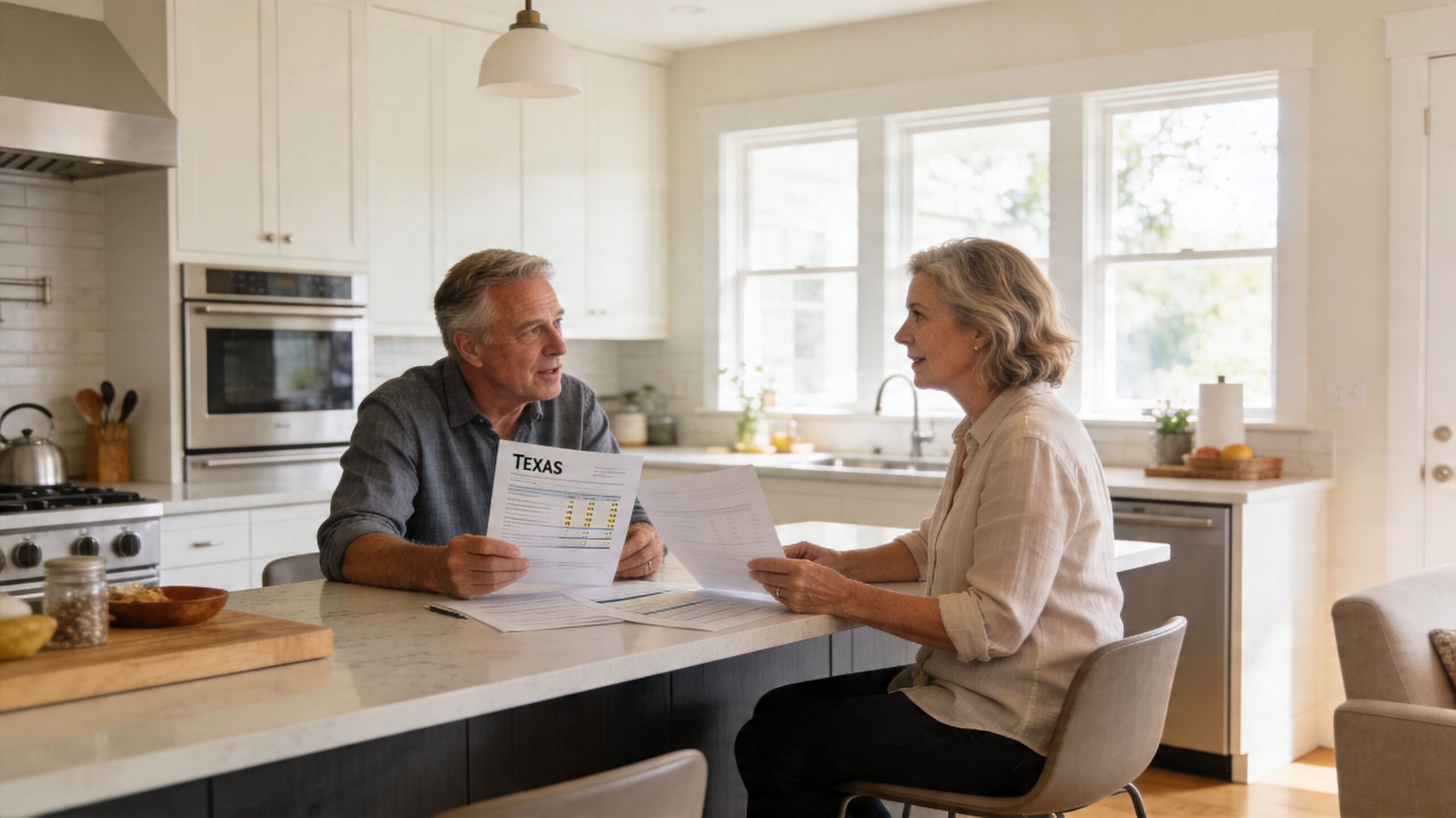A mature couple sitting at a kitchen island reviewing documents and financial records related to Texas property.