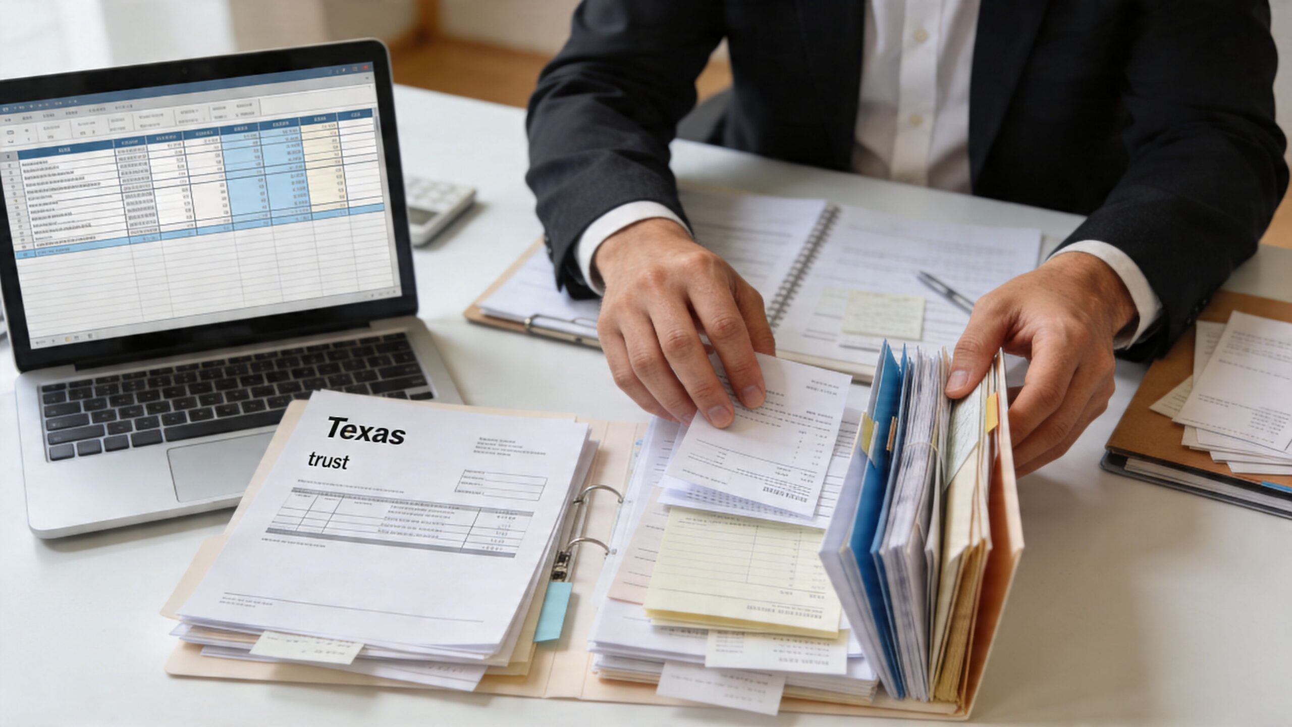 A professional in a suit reviewing organized financial trust documents and a laptop at an office desk.