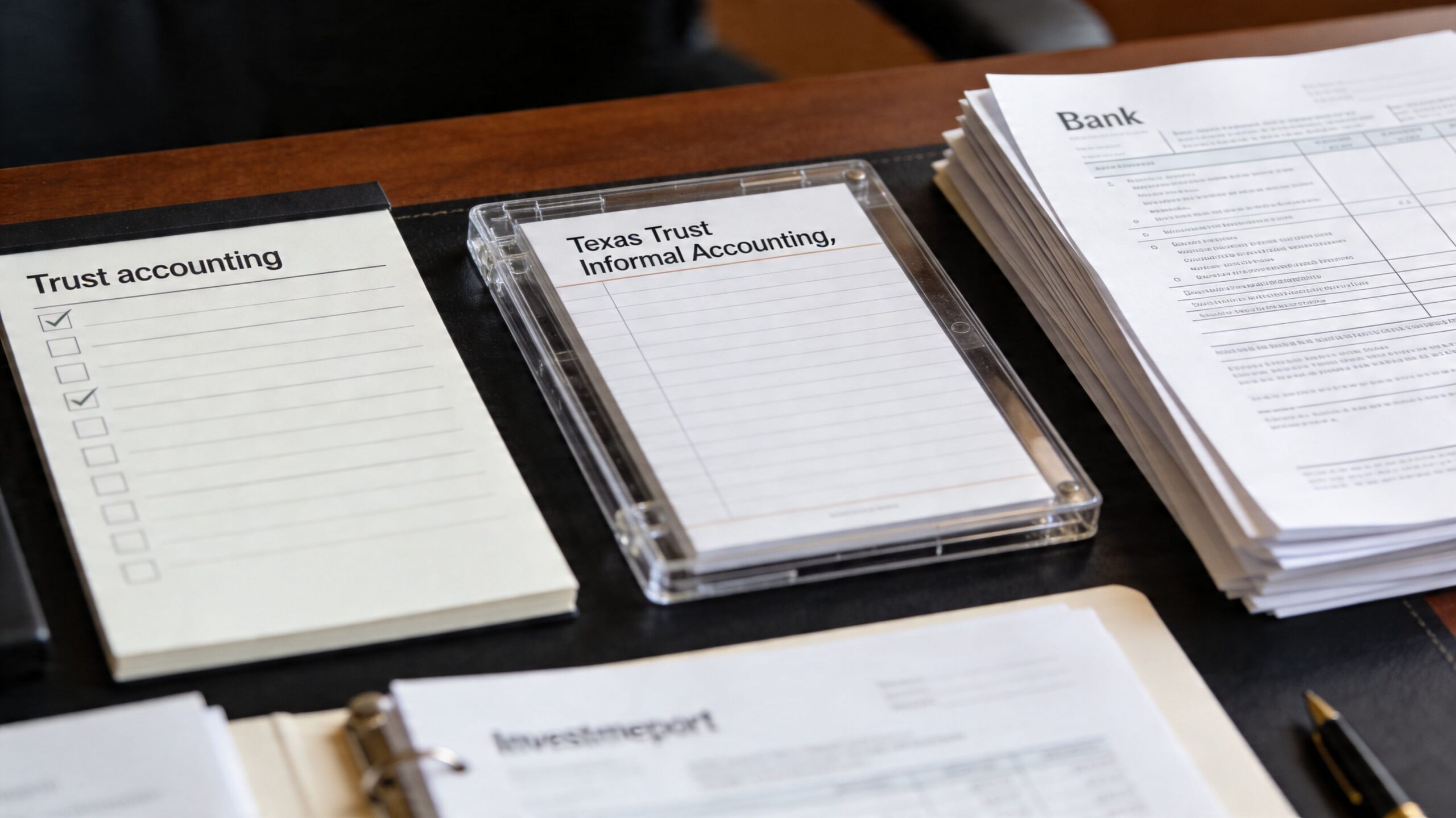 Papers and documents labeled Trust Accounting and Texas Trust Informal Accounting are organized on a clean desk.