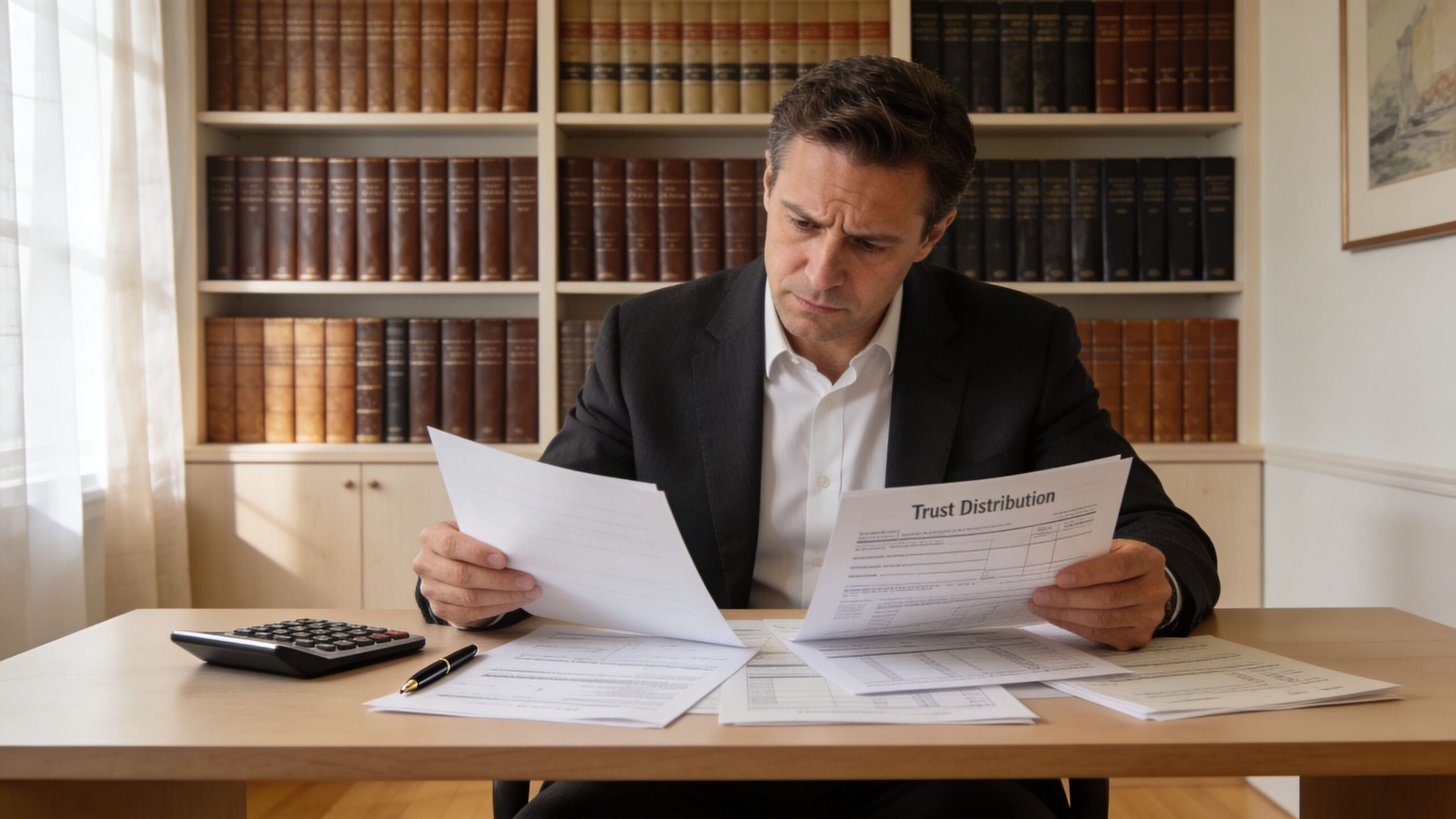 A professional man in a suit carefully reviewing Trust Distribution documents at a wooden desk with a library background.