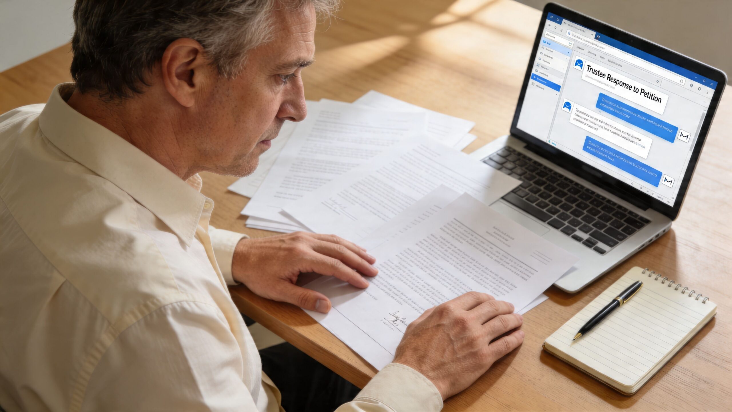 A middle-aged man sitting at a wooden desk reading a legal document with a laptop showing digital correspondence.