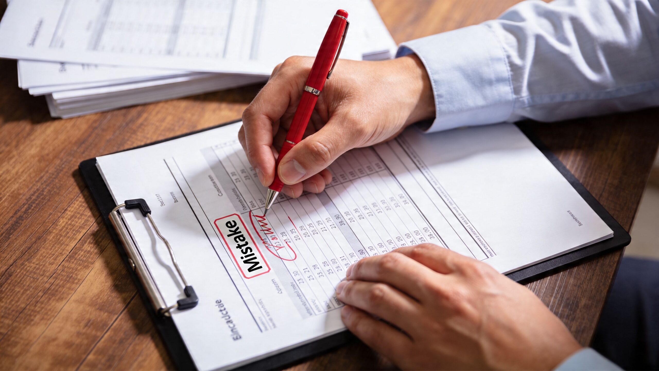 A professional accountant reviews financial documents and marks an error with a red pen on a clipboard.