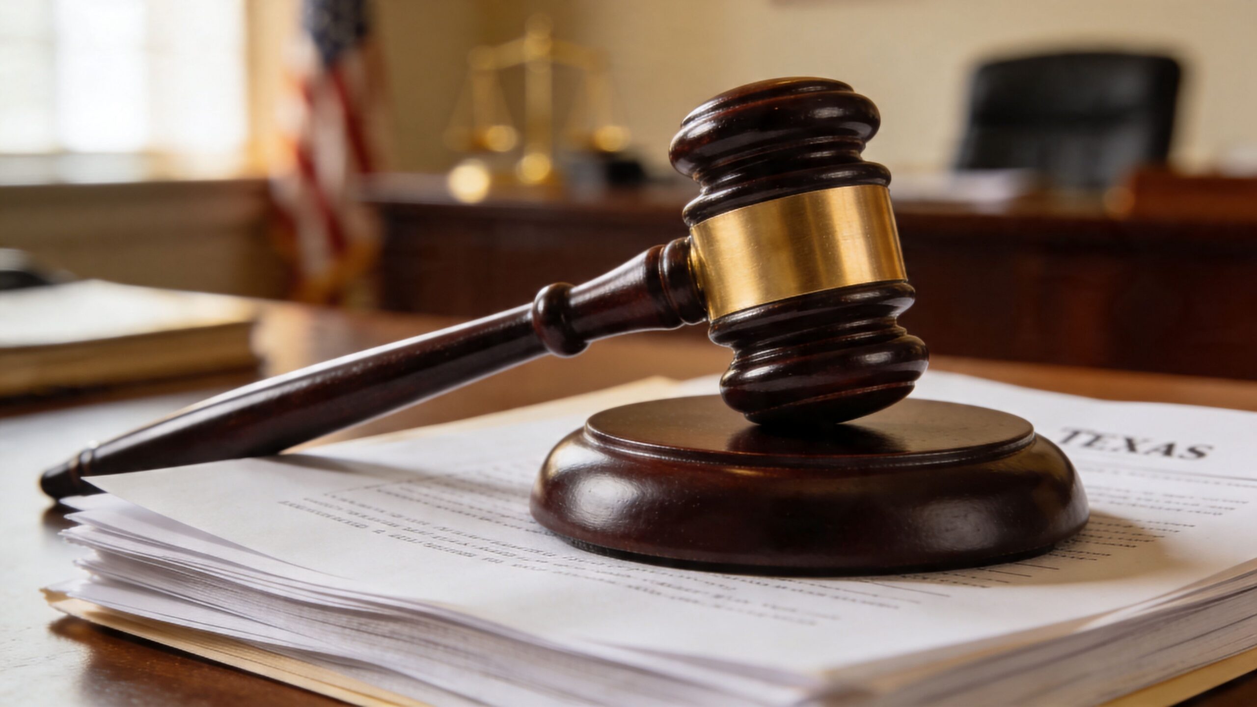 A wooden judges gavel resting on top of a stack of legal documents titled Texas in a courtroom