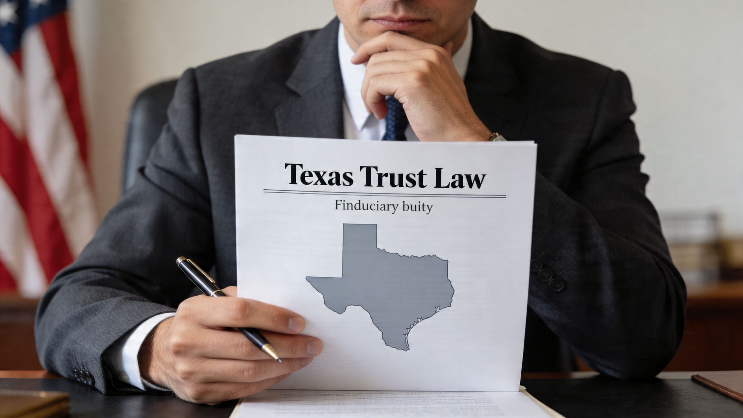 A professional man in a suit holding a document titled Texas Trust Law with a map graphic.