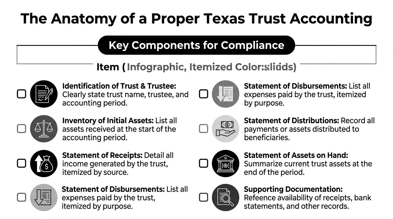 An infographic detailing the essential components for compliance in proper Texas trust accounting and reporting requirements.