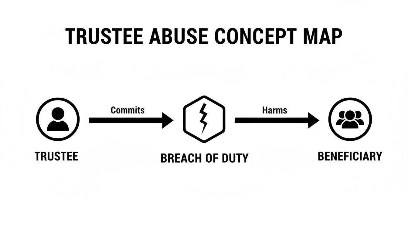 Concept map showing a trustee committing a breach of duty that harms the beneficiary.