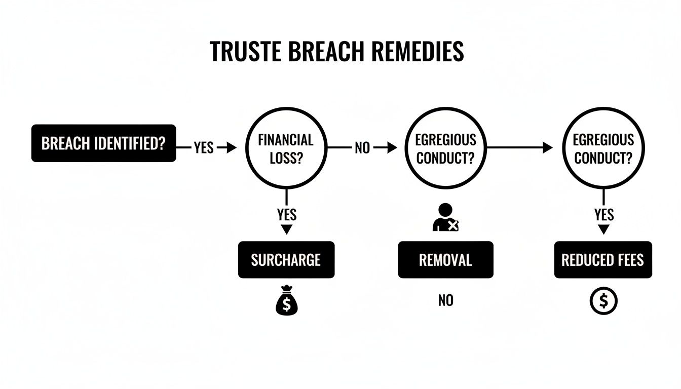 Flowchart detailing trustee breach remedies, including financial loss, egregious conduct, surcharge, removal, and reduced fees.