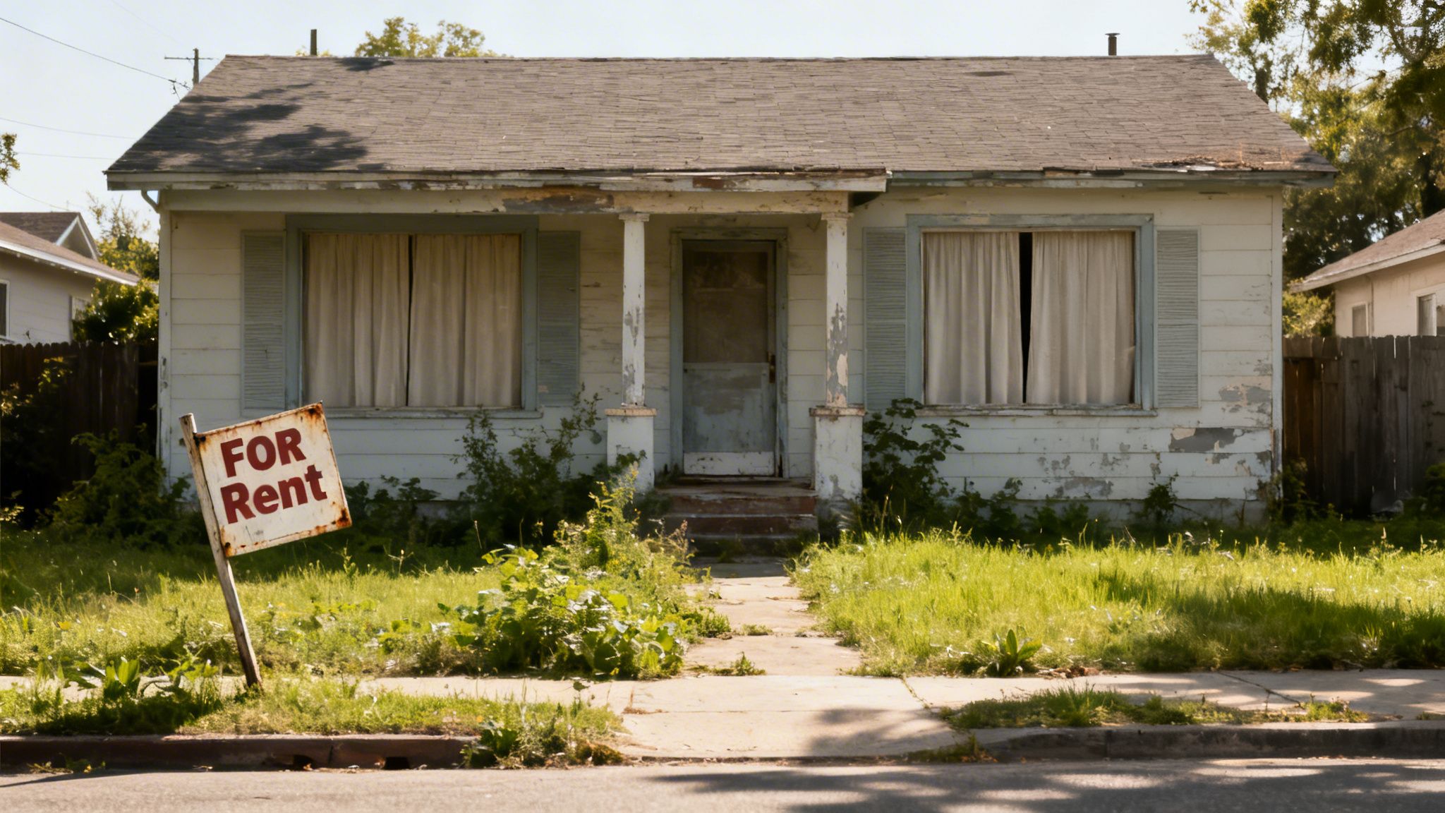 An abandoned, rundown house with peeling paint and overgrown weeds, featuring a 'FOR RENT' sign.