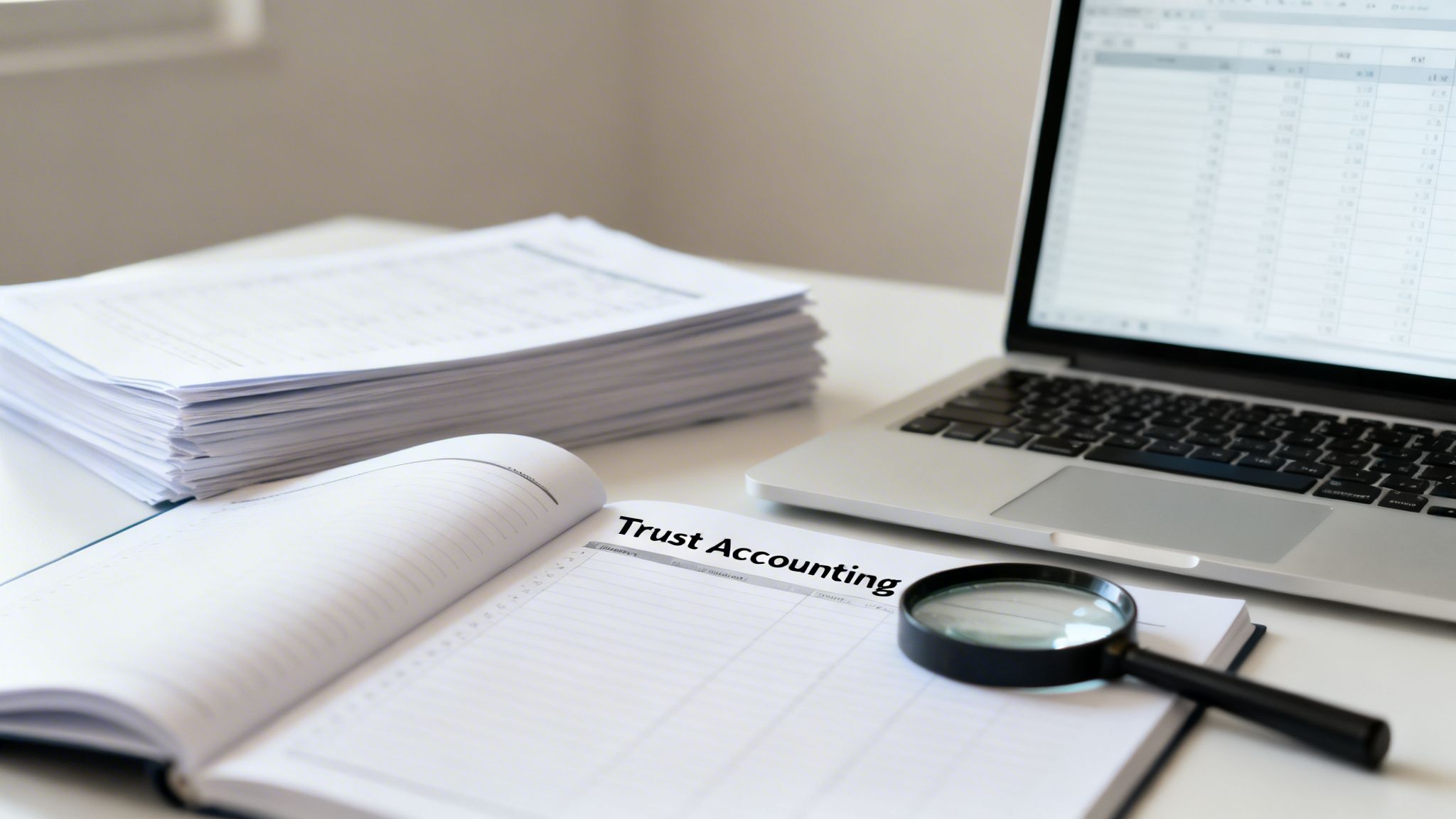 A desk with a stack of papers, an open notebook showing 'Trust Accounting', a magnifying glass, and a laptop with a spreadsheet.