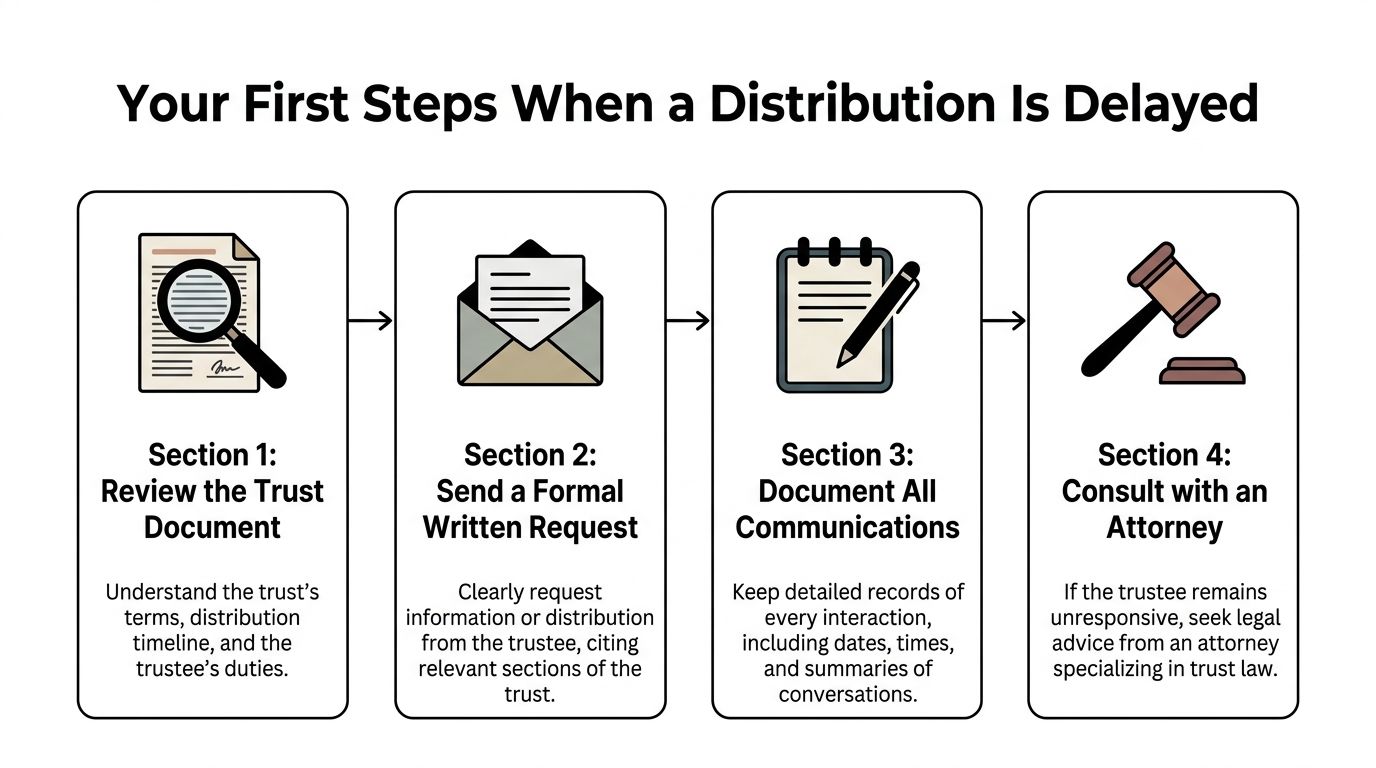 A four-step infographic showing how to proceed if a trust distribution is delayed by the trustee.