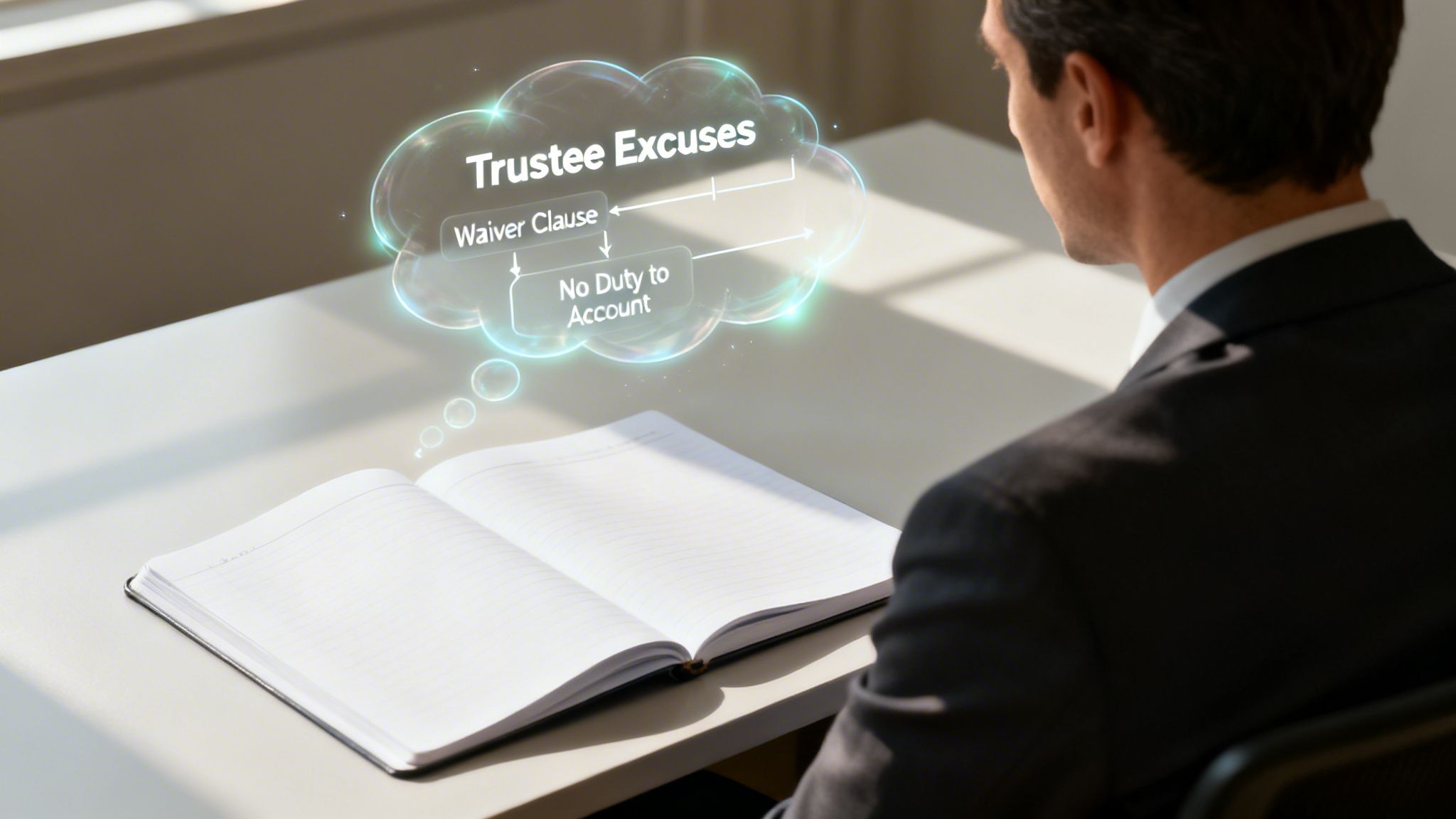 A businessman looks at a legal flowchart regarding trustee excuses floating above an open notebook.