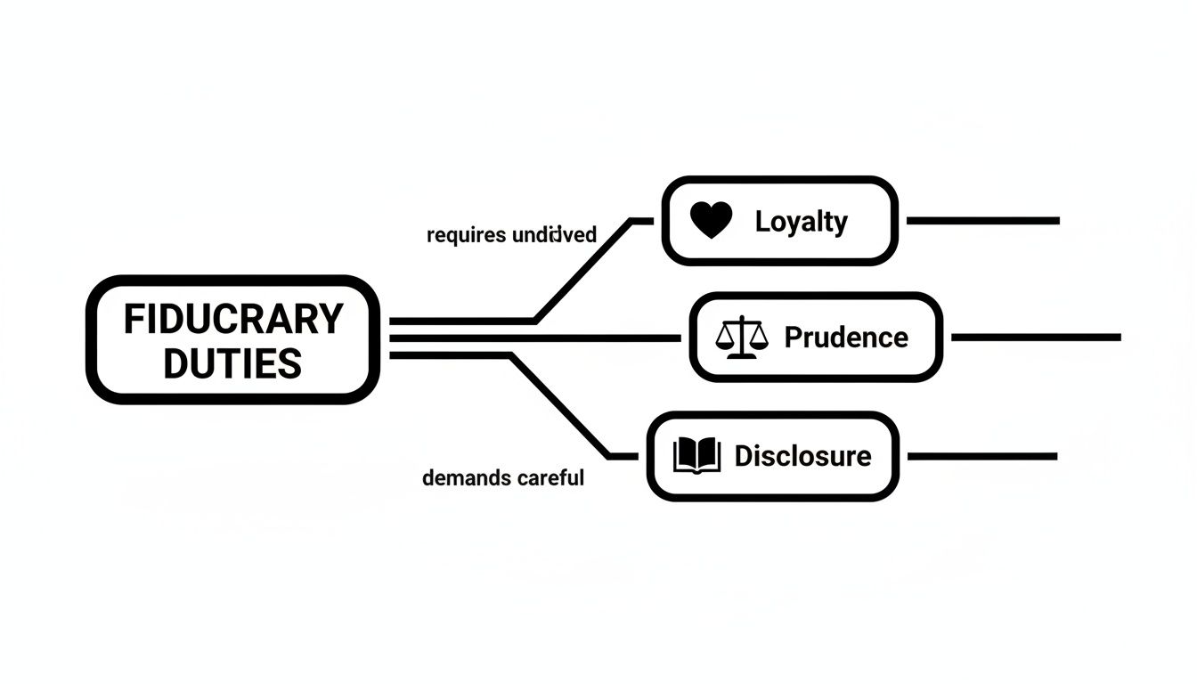 A flowchart illustrates the three core fiduciary duties: loyalty, prudence, and disclosure, with icons.