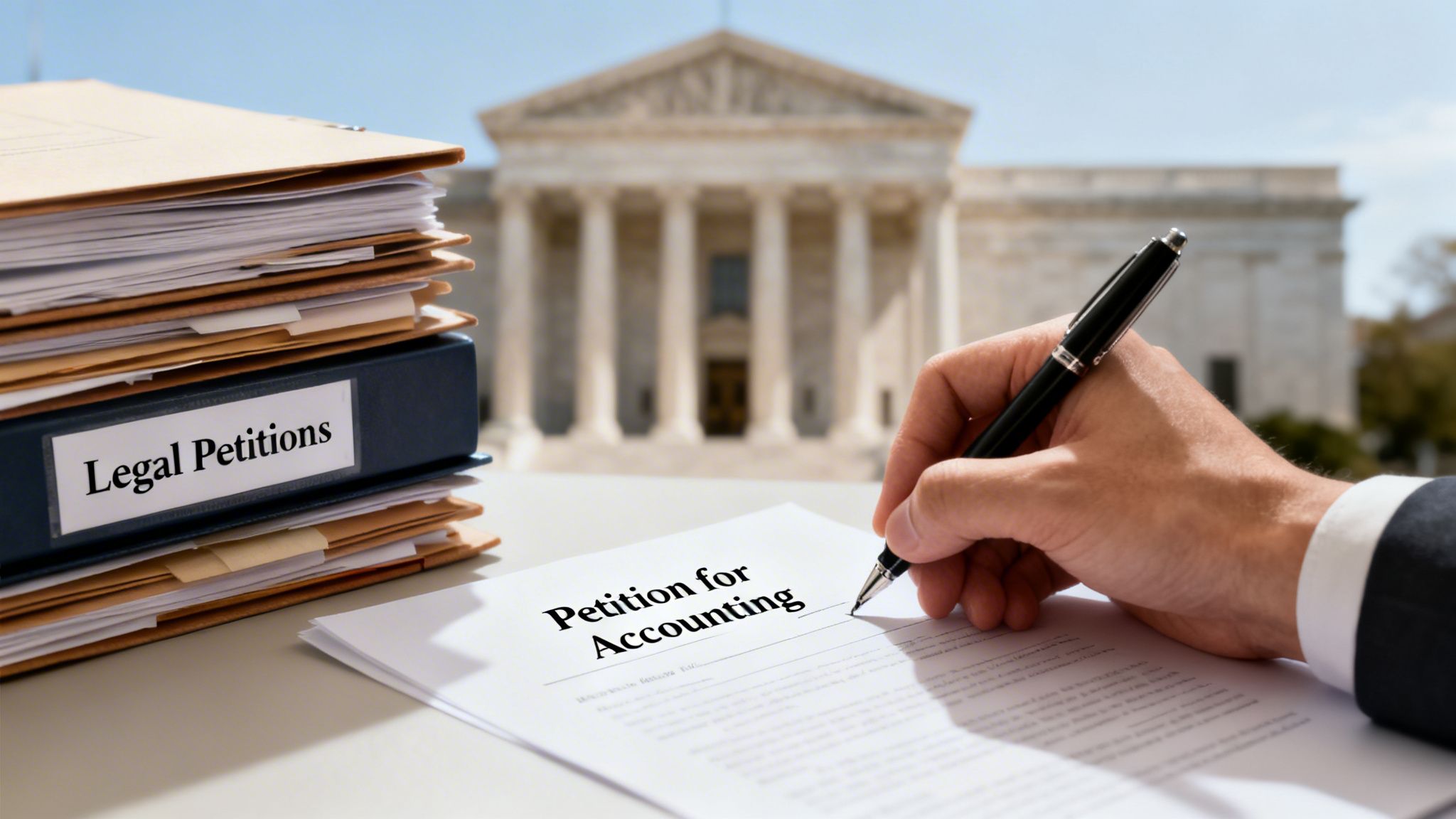 A person's hand signs a 'Petition for Accounting' document, with 'Legal Petitions' folders and a courthouse in the background.