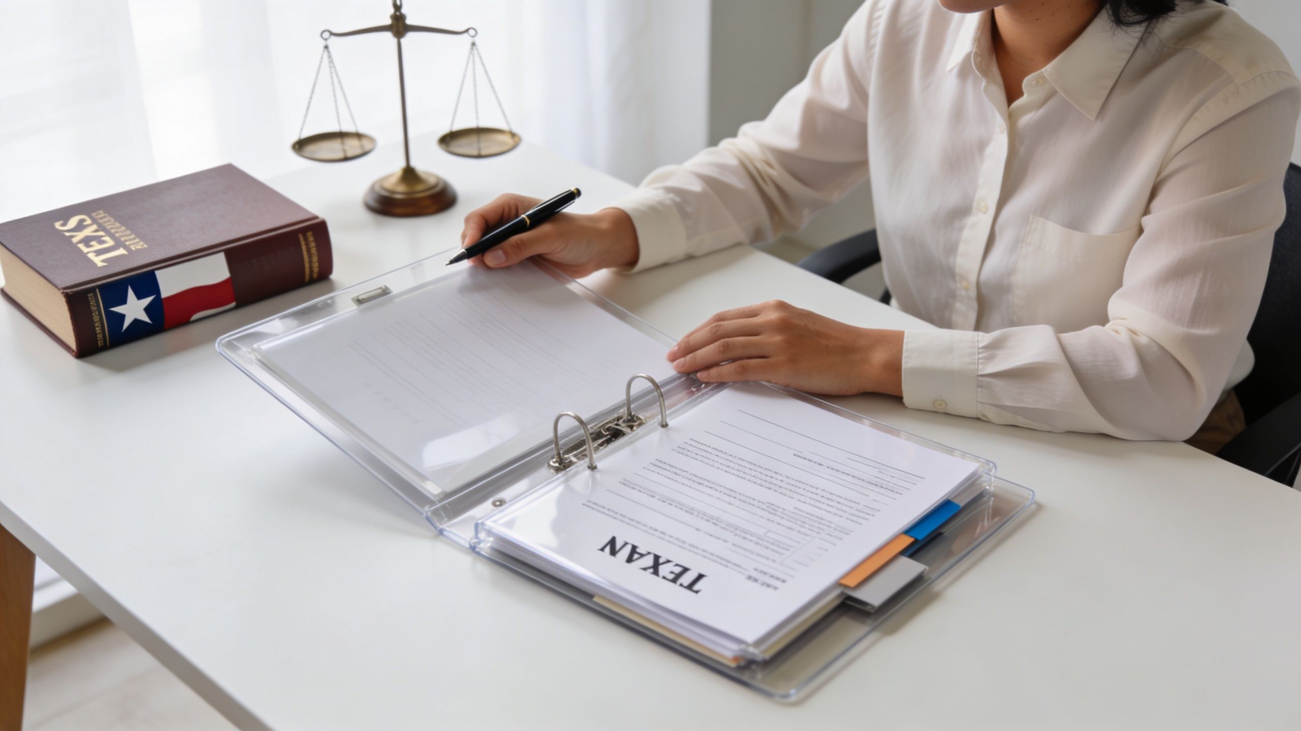 A professional holding a pen over legal documents next to a scale of justice and law book.