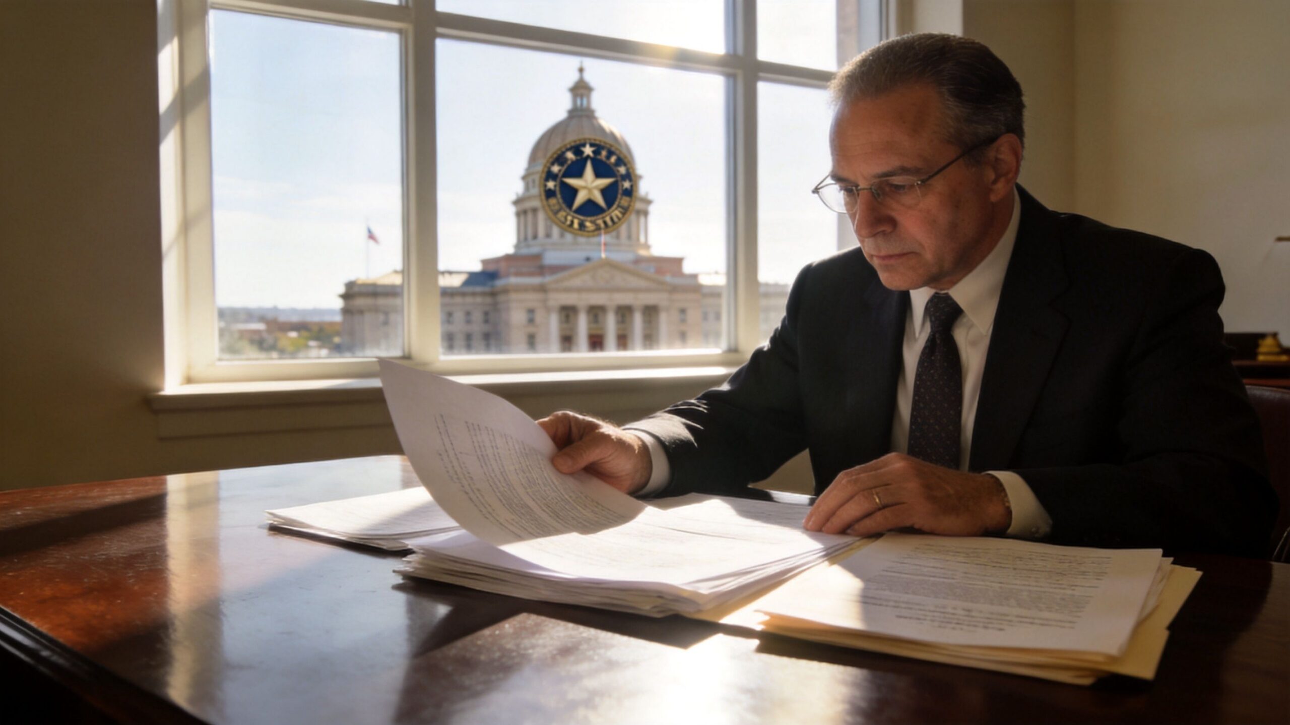 A professional man in a suit reviews legal documents in an office overlooking a capitol building.
