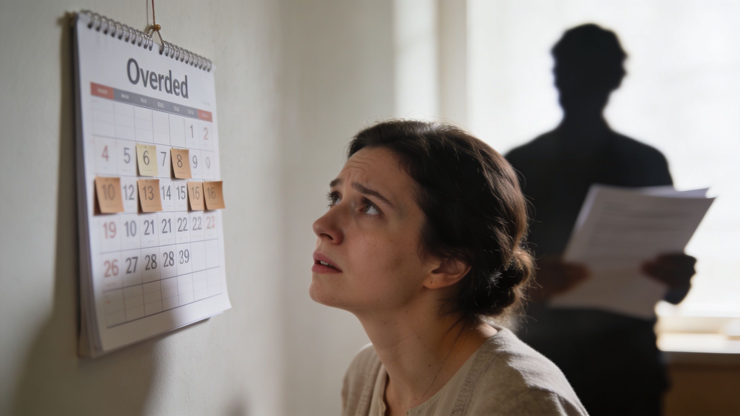 A worried woman stares at a calendar with scattered dates while a shadowy figure holds documents nearby.