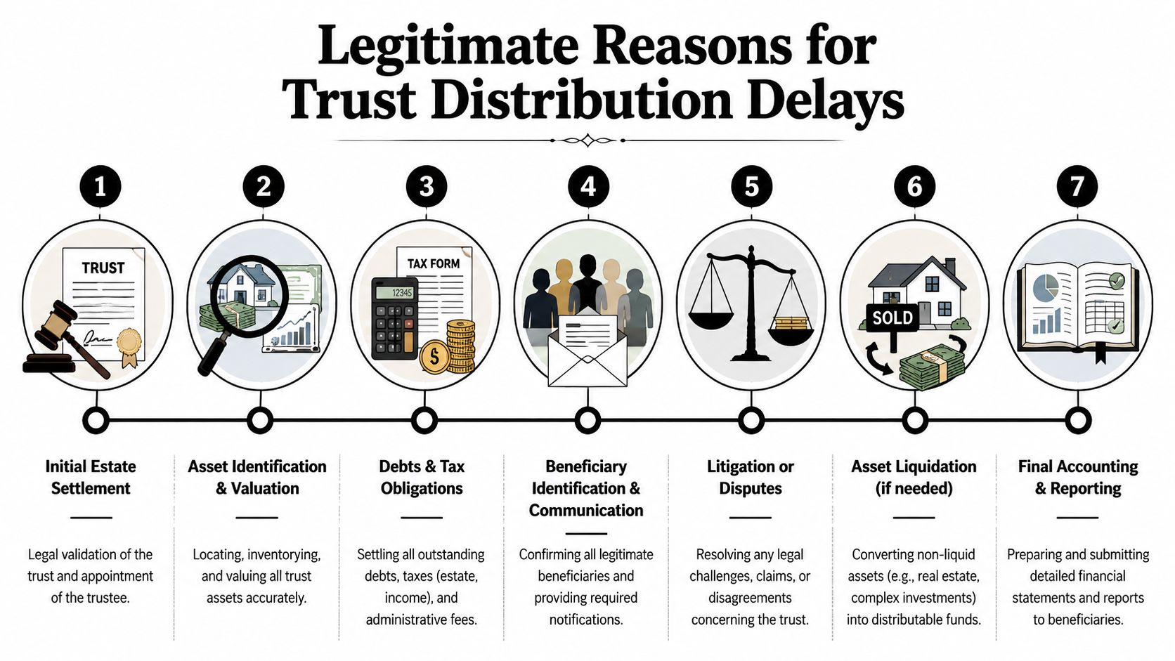 A seven-step flowchart illustrating the legitimate reasons for delays in trust distributions for estate planning.