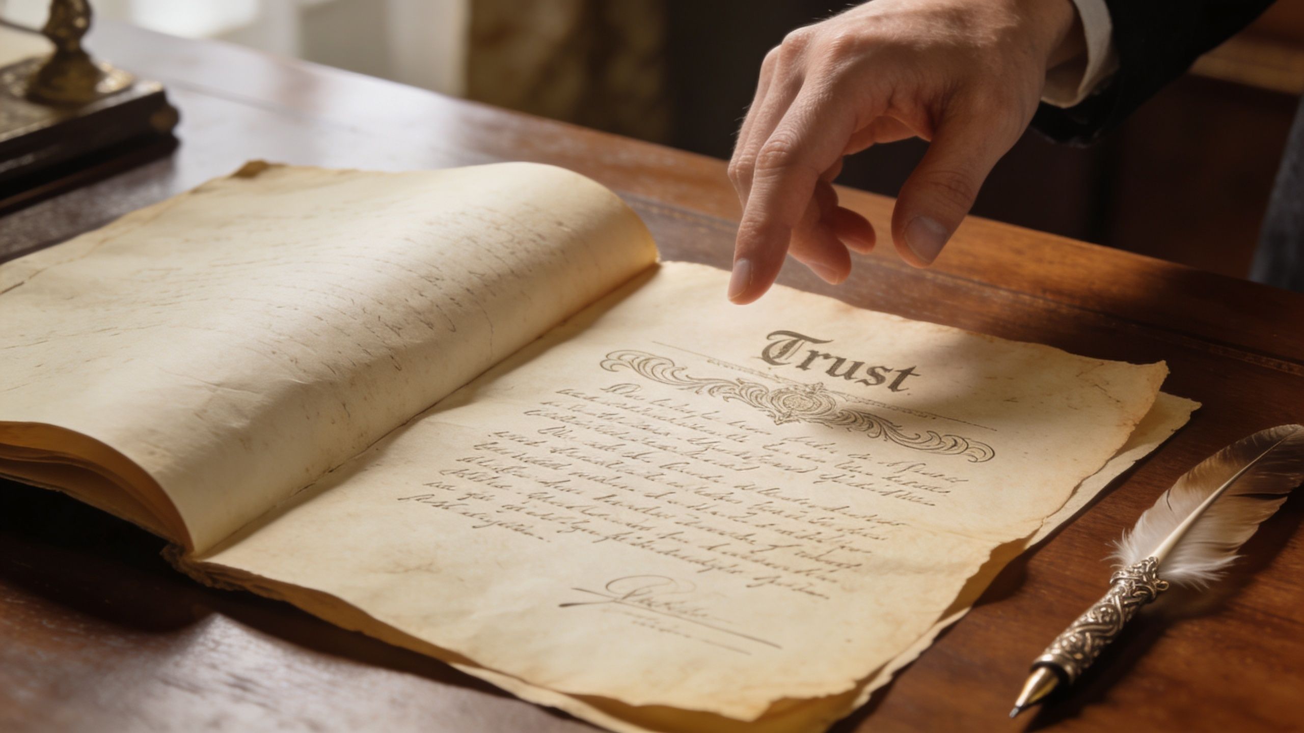 A person pointing to the word Trust on an antique legal document placed on a wooden desk.
