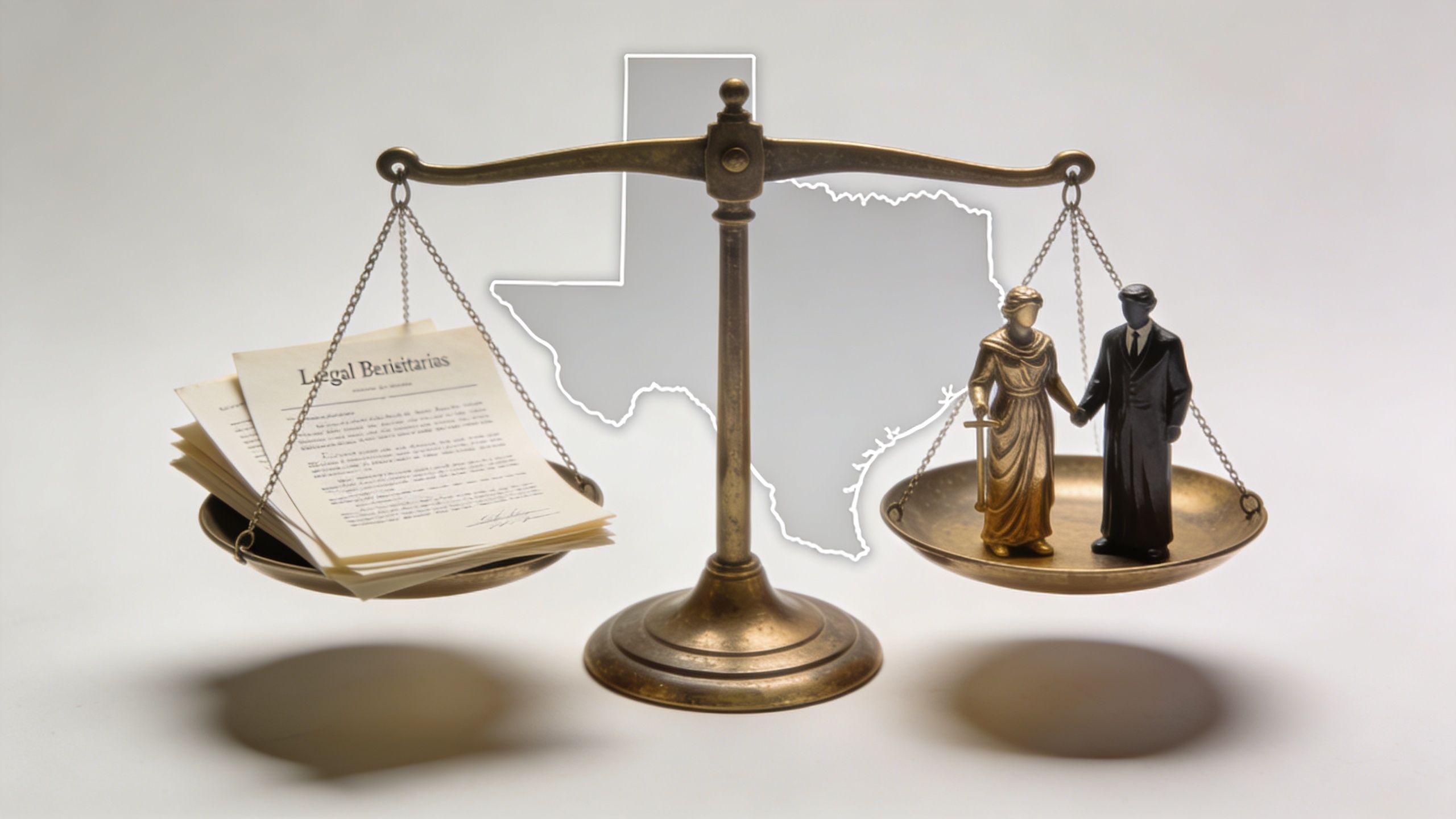 A brass scale of justice balancing a stack of legal documents against figures of a couple in Texas.