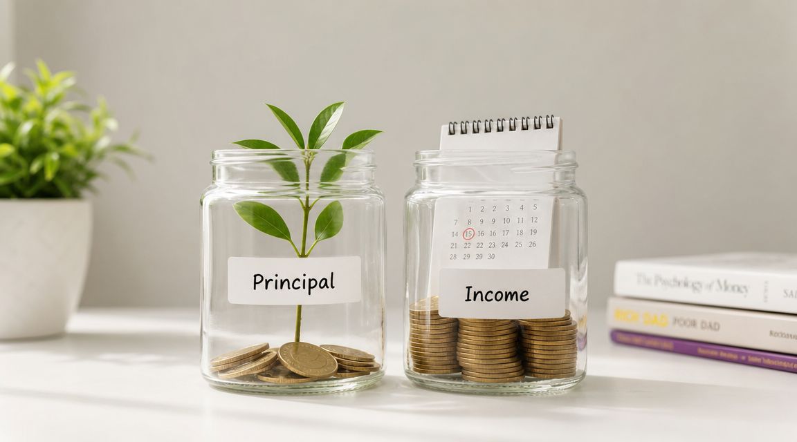 Two glass jars side by side, one holding a plant labeled Principal and one with coins labeled Income.