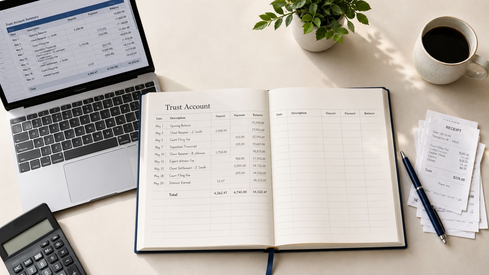 A professional desk setup with a laptop, calculator, open journal, and receipts tracking a trust account.