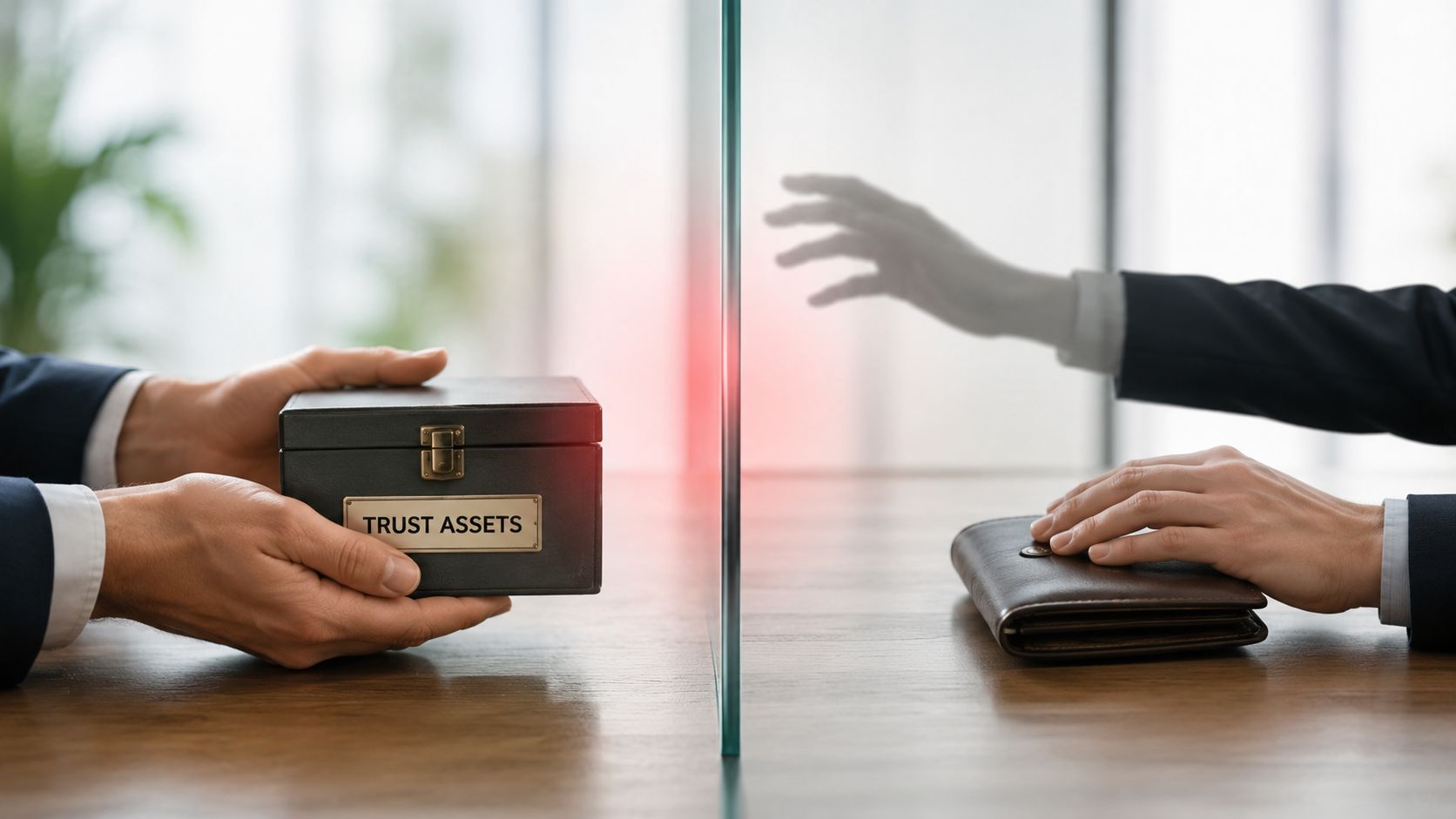 A professional handing a box labeled Trust Assets to someone separated by a glass partition.