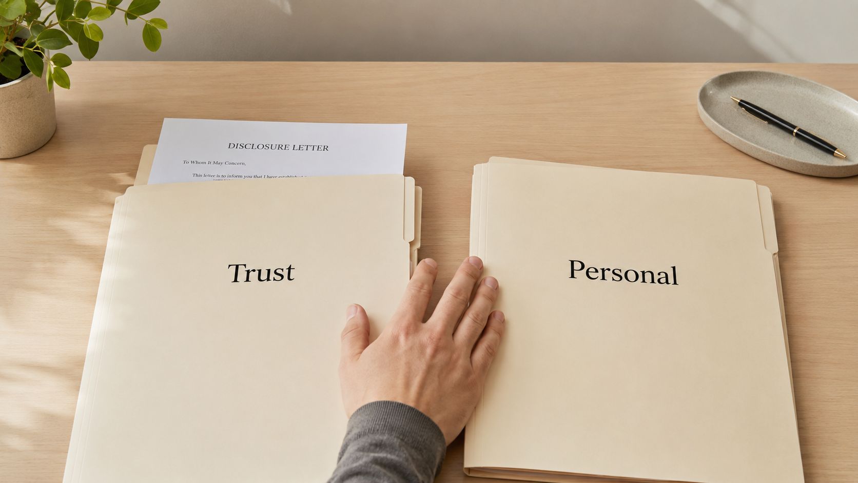 A hand rests on a manila folder labeled Trust beside a folder labeled Personal on a desk.