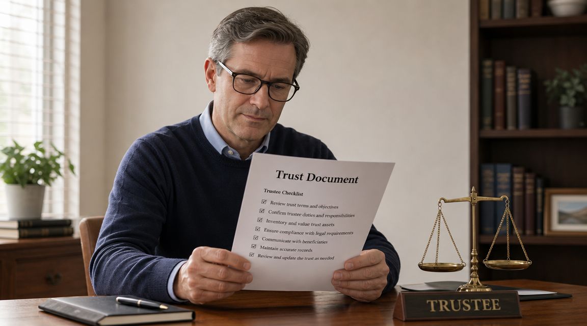 A professional man in a study reviewing a trust document checklist with a decorative scale nearby.