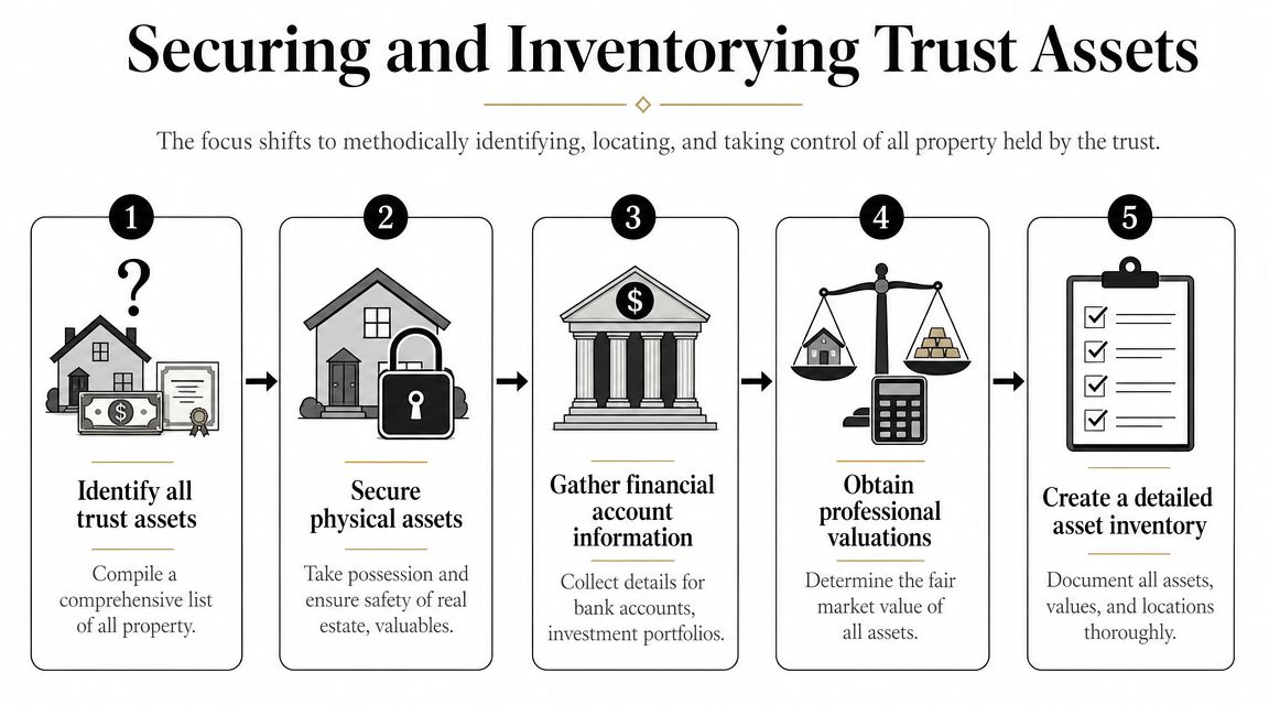 An infographic showing a five-step process for securing and inventorying trust assets for legal administration.