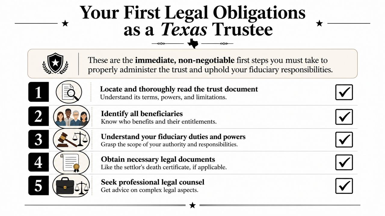 A checklist outlining five essential first legal steps for a new trustee in Texas to follow.