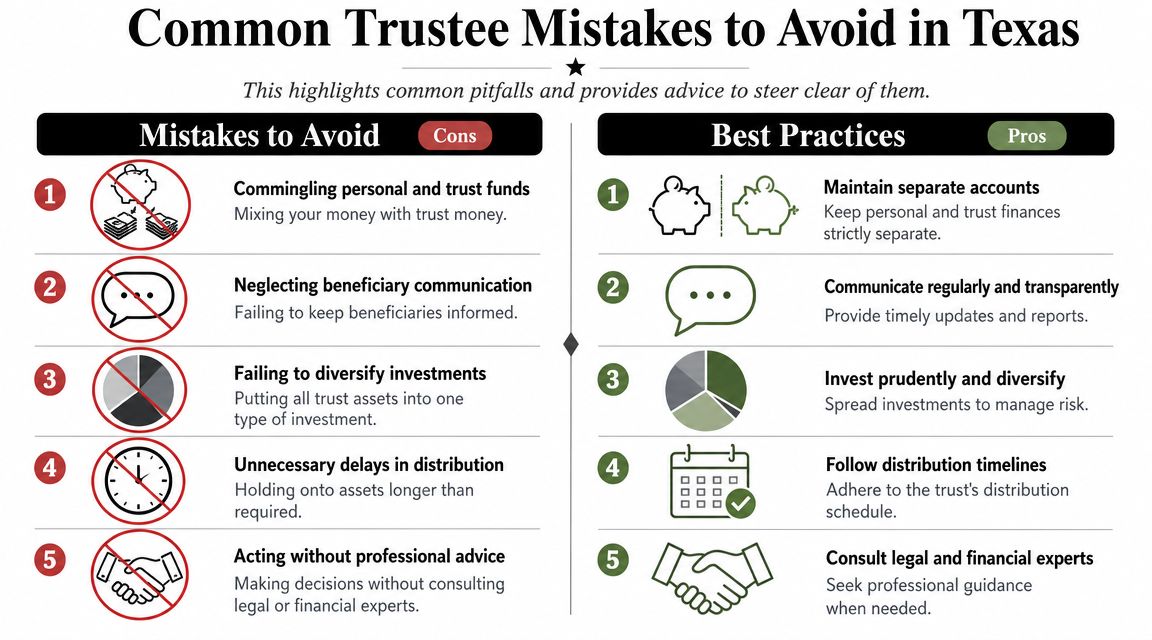 A comparison chart outlining five common trustee mistakes and corresponding best practices for legal compliance in Texas.