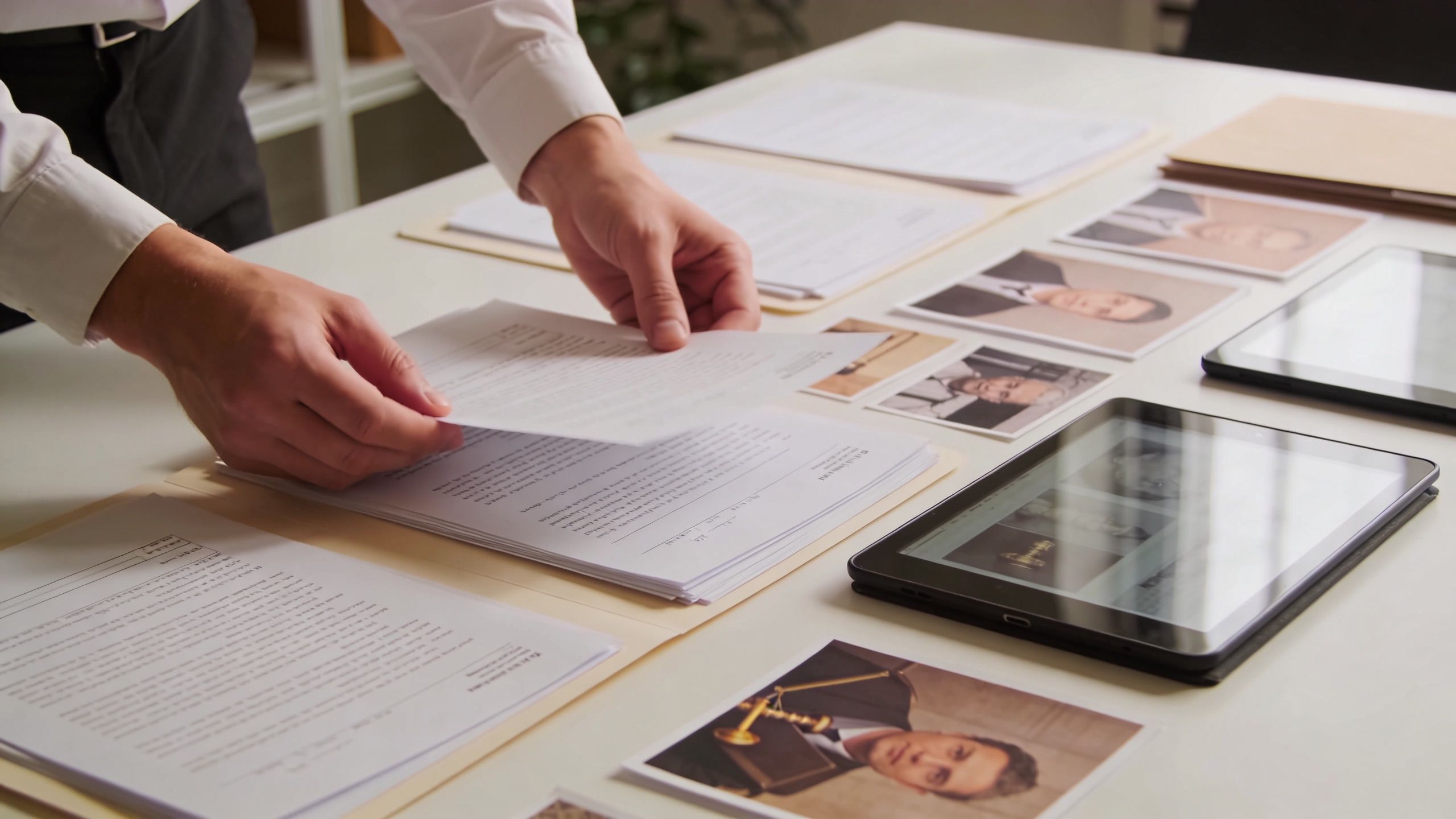 A professional analyzing legal documents, photographs, and digital files at a desk in a law office.