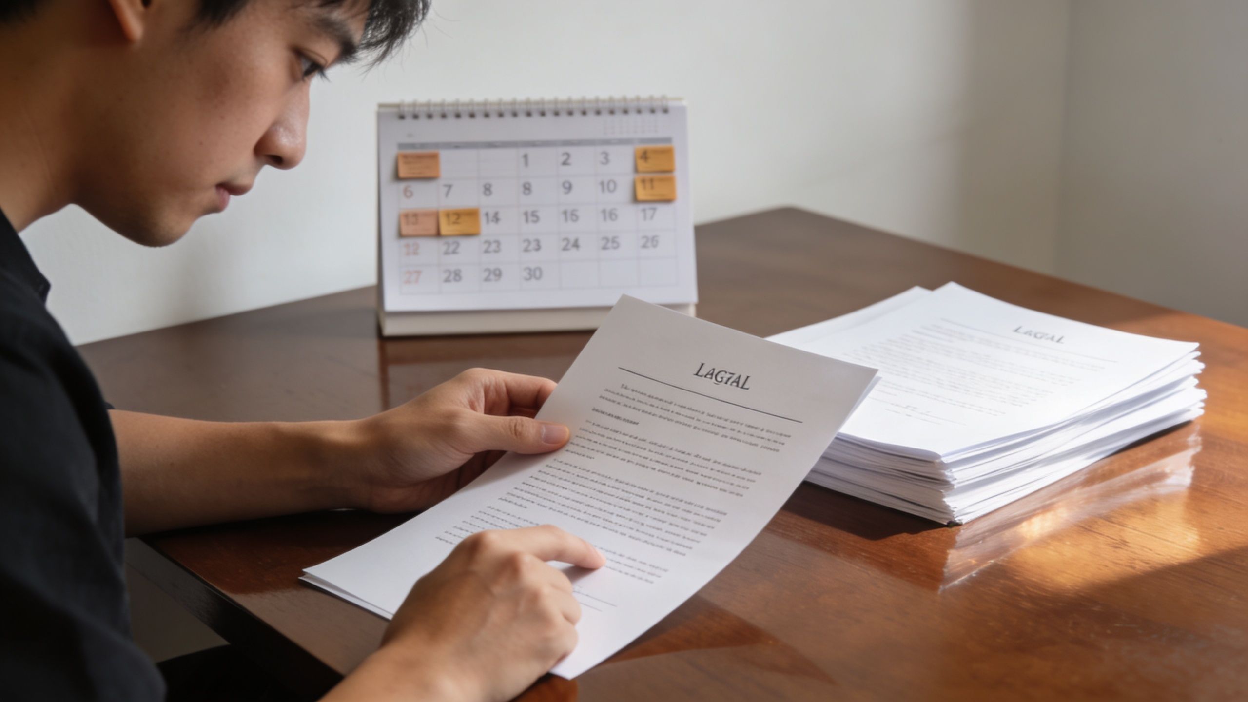 A young man sitting at a wooden desk, carefully reviewing and reading legal documents in a bright office.